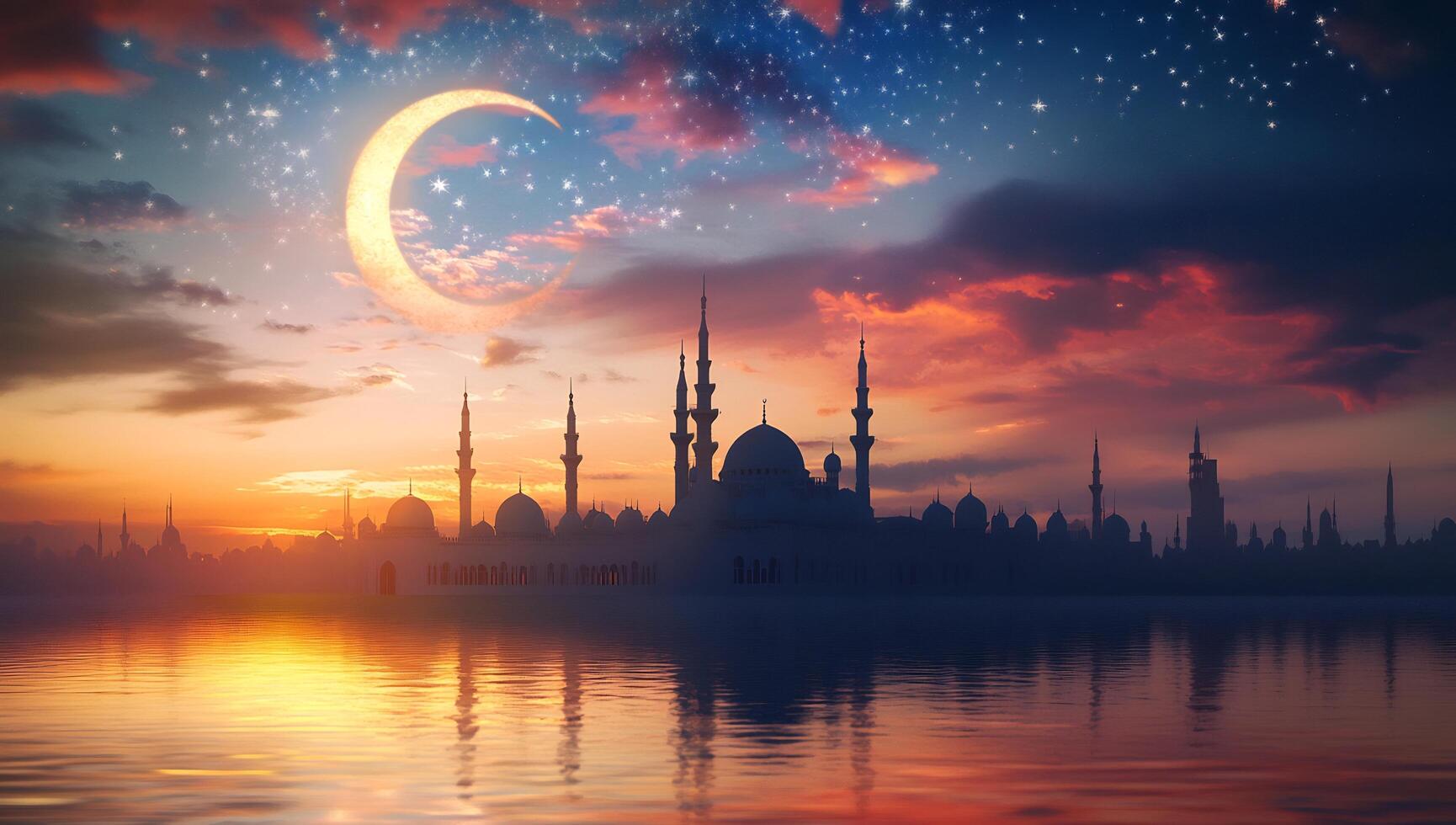 Islamic architecture at sunset with moon and stars photo