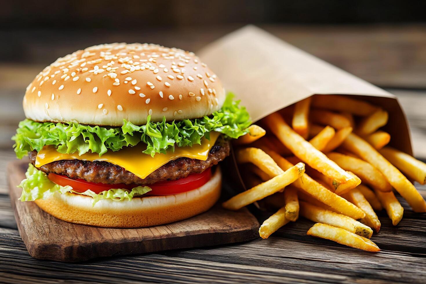 A hamburger and french fries on a wooden table photo