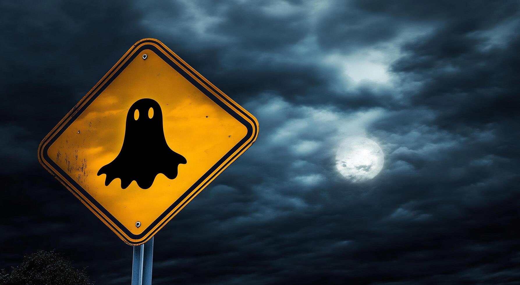 A ghostly sign on a dark road photo