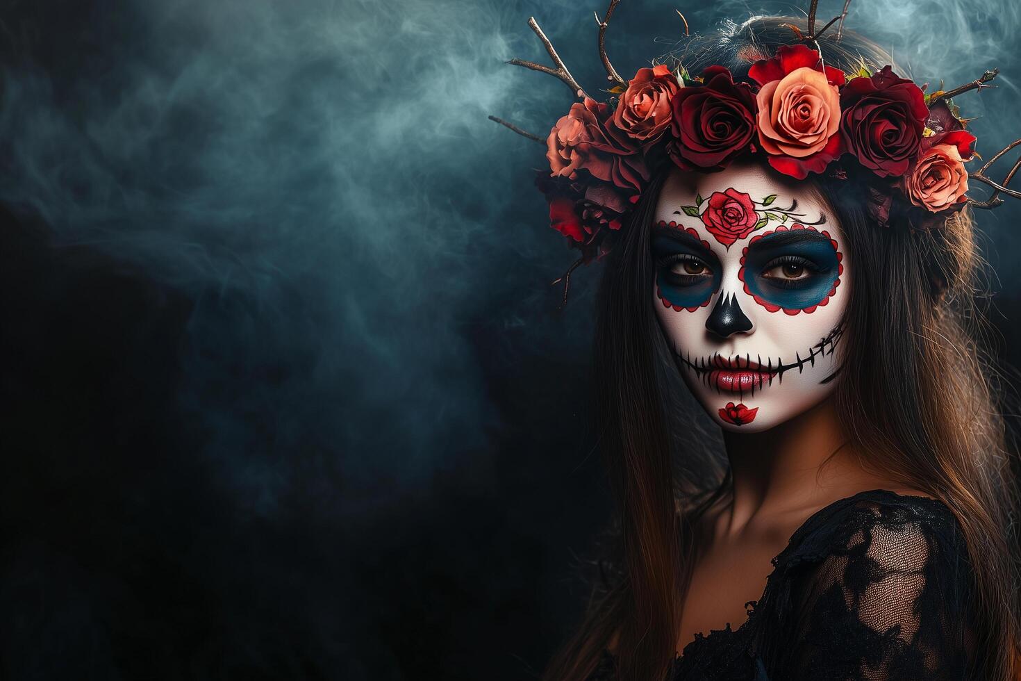 A woman with a skull makeup and roses in her hair photo