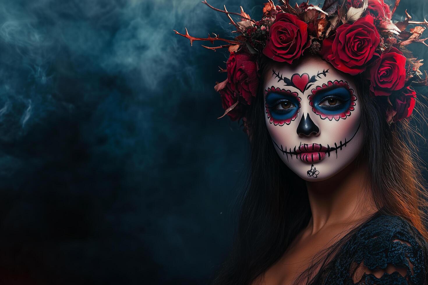 A woman with a skull makeup and roses photo