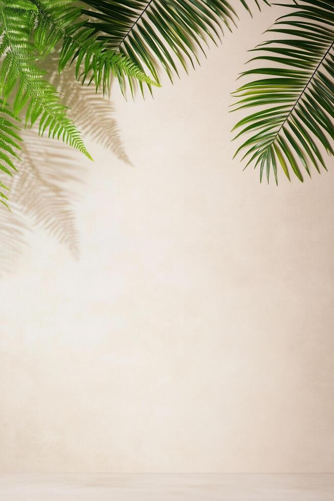 Palm leaves and a table with a white background photo