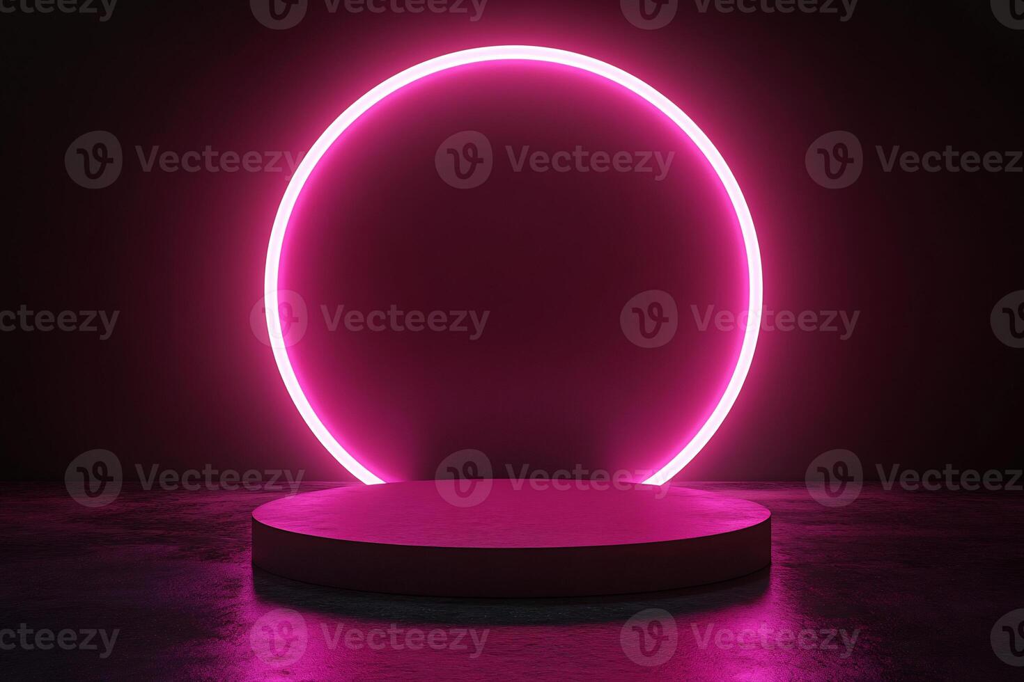 A pink neon circle on a pedestal in front of a dark room photo
