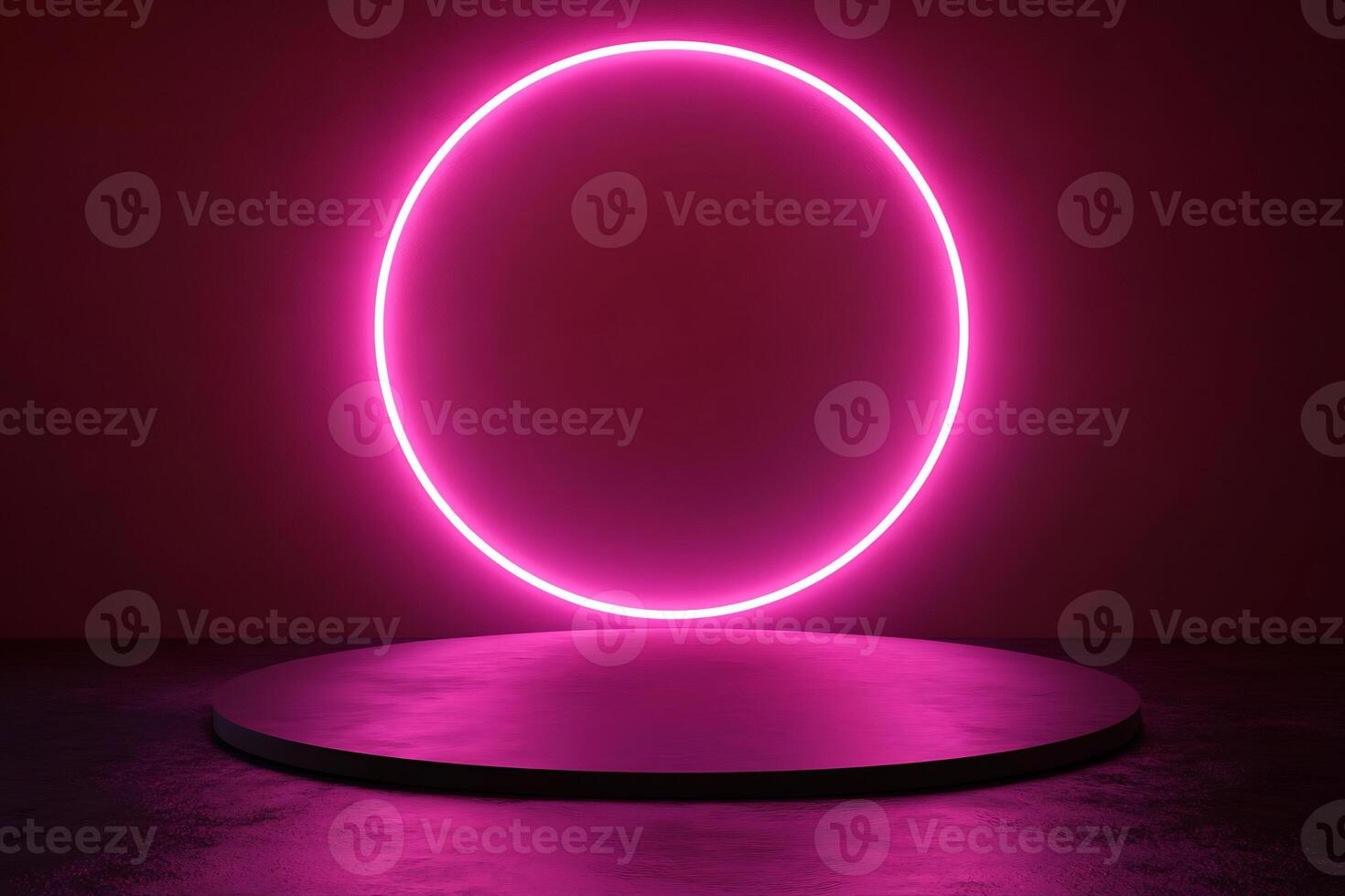 A neon pink circle on a pedestal in front of a dark room photo