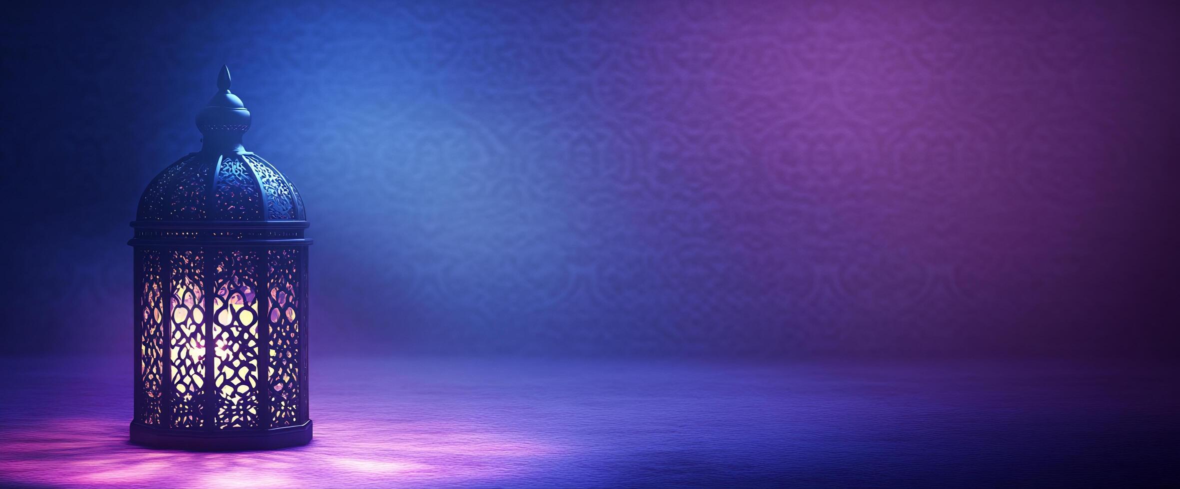 Islamic lantern on dark background with purple light photo