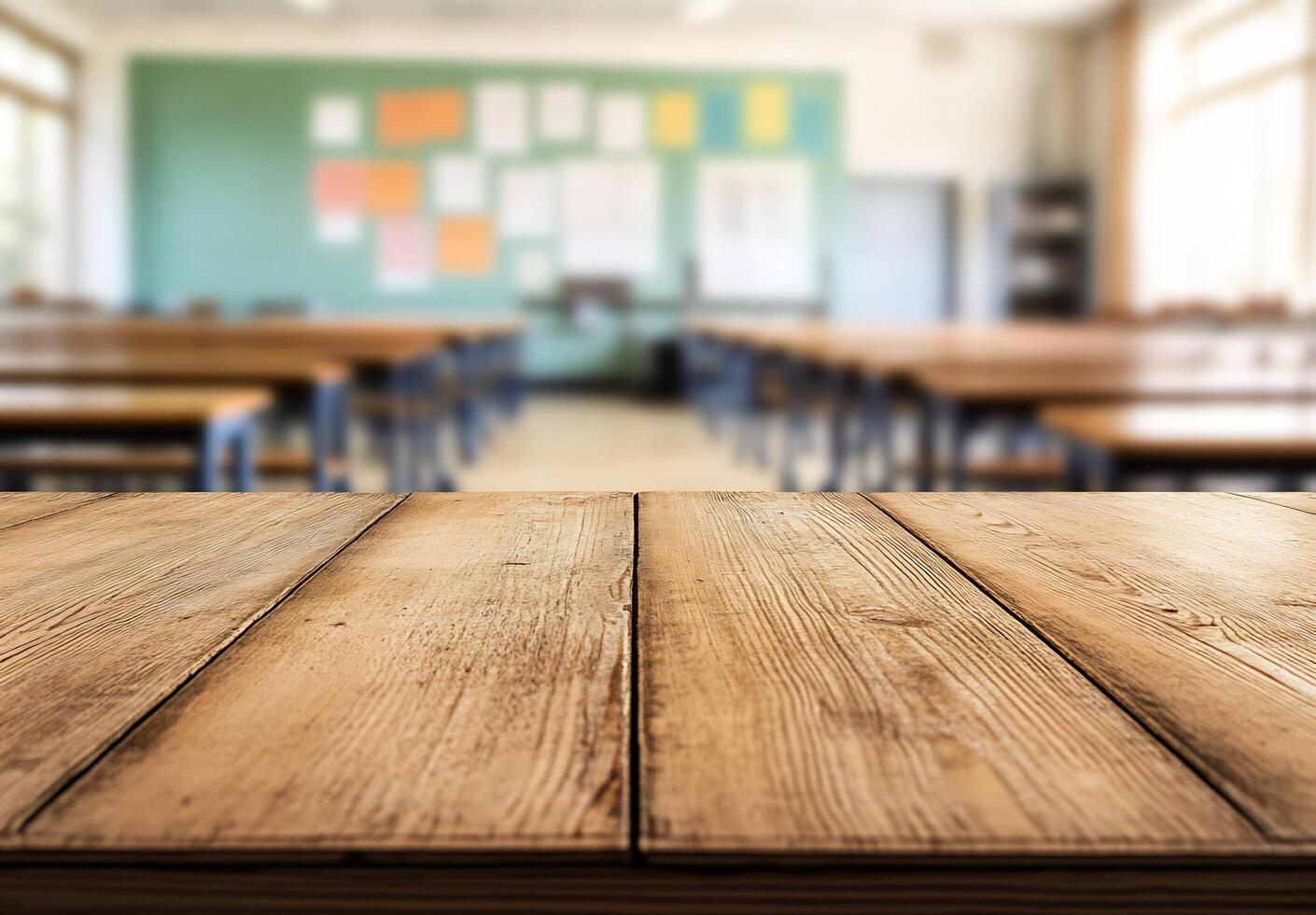 An empty classroom with wooden tables and chairs photo