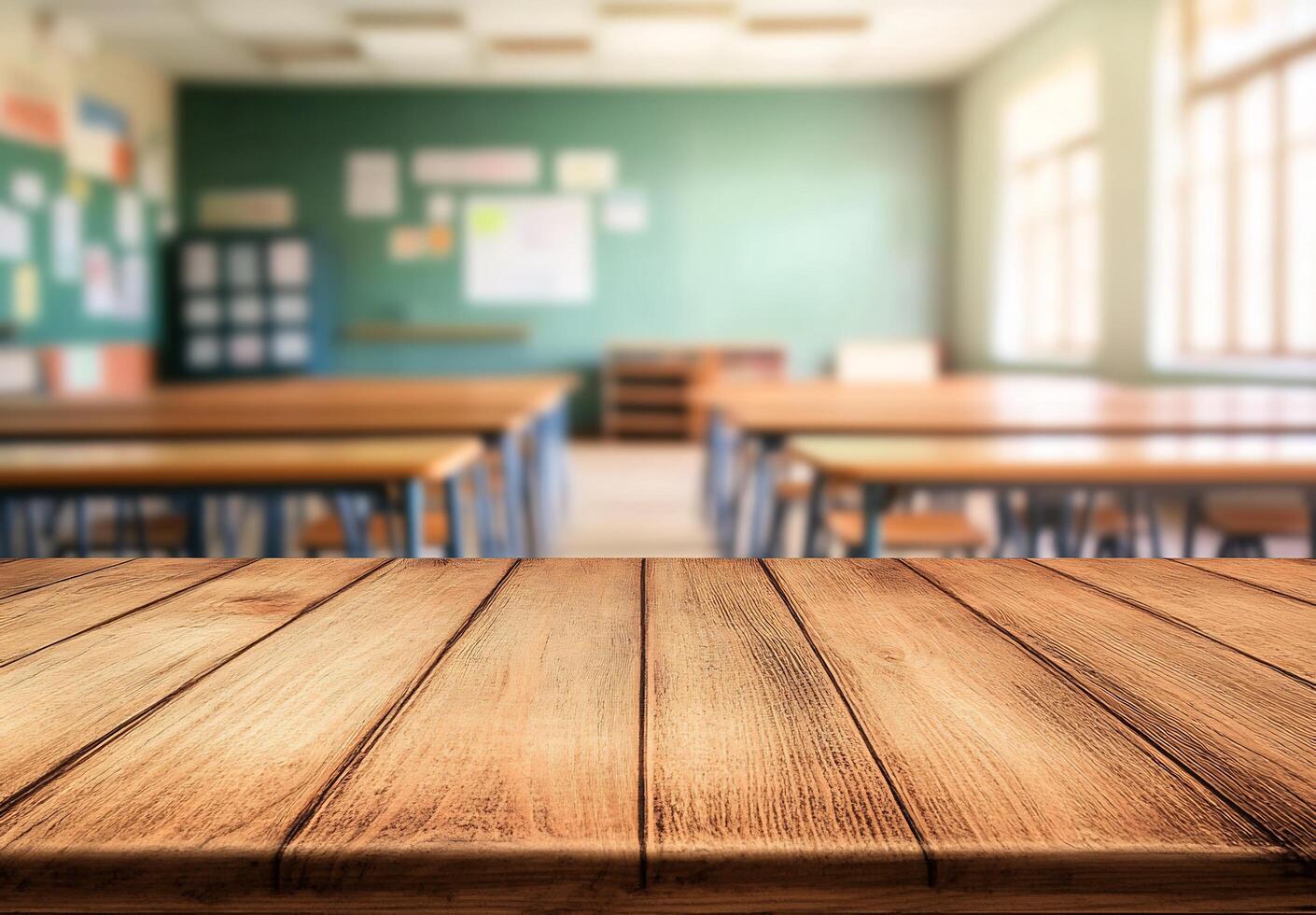 Empty classroom with wooden table and chairs photo