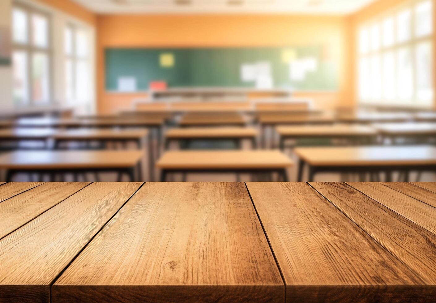Empty classroom with wooden table and chairs photo