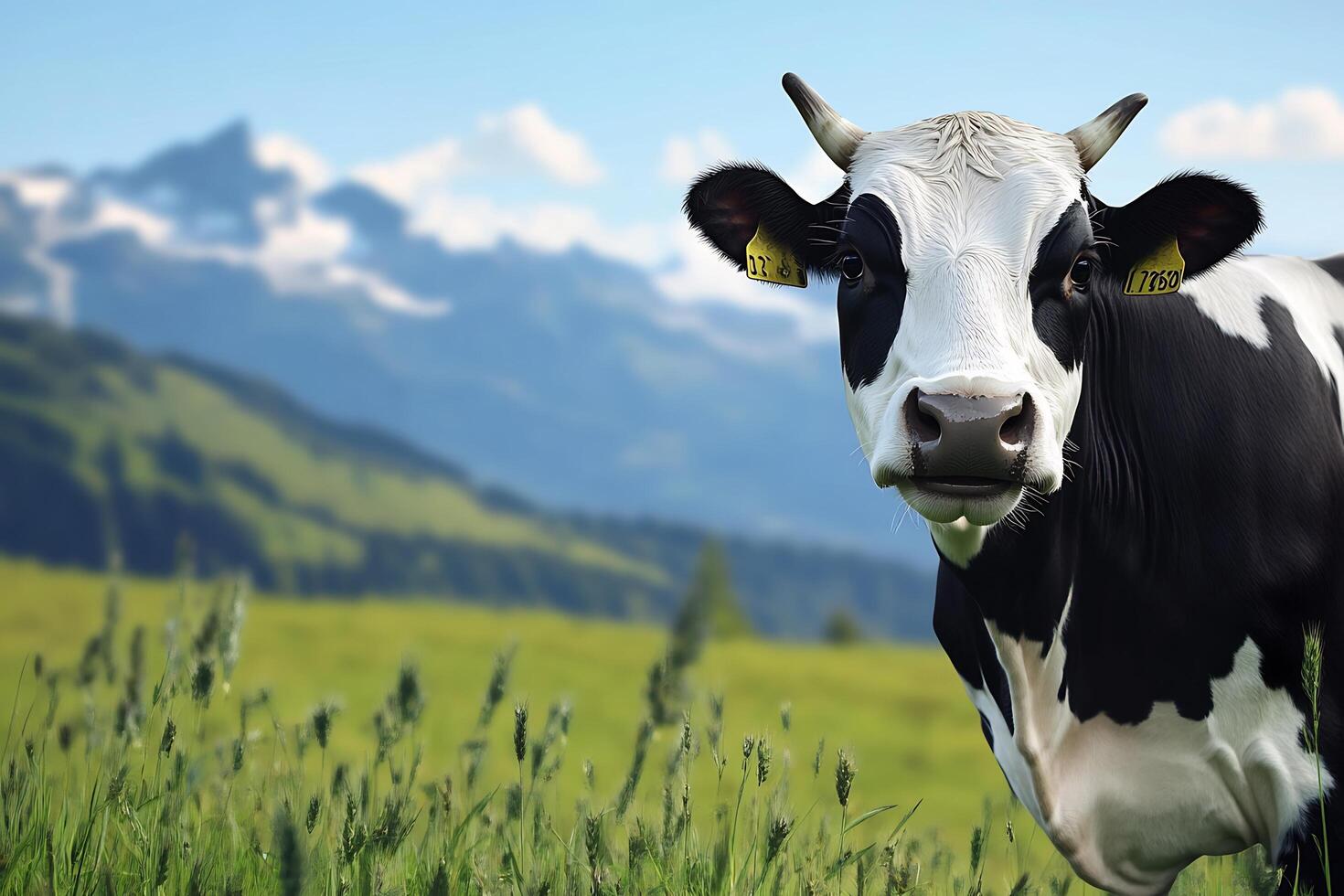 A cow is standing in a field with mountains in the background photo
