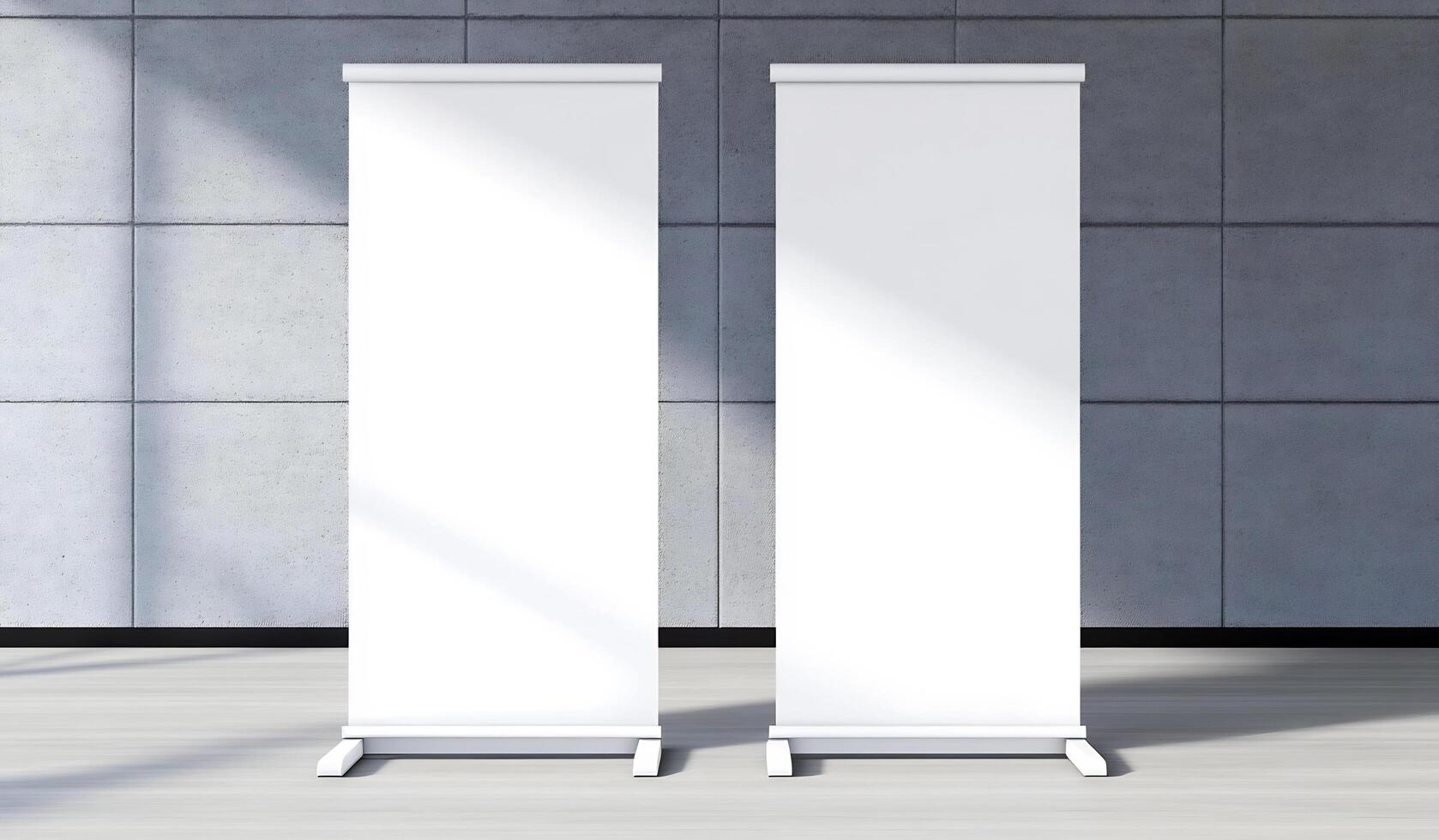 Two white roll up banners on a wall photo