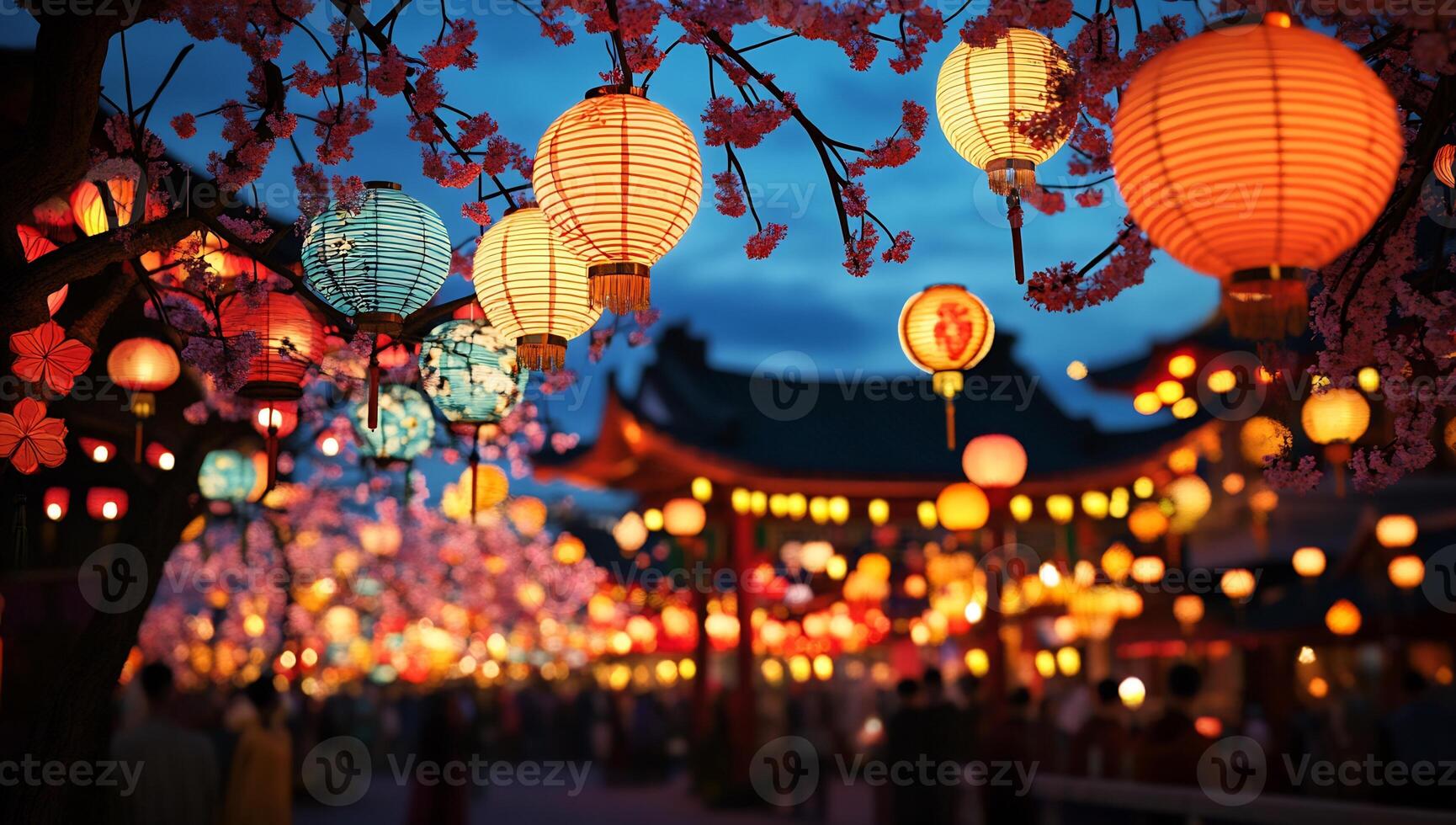 Many colorful paper lanterns are hanging from trees photo