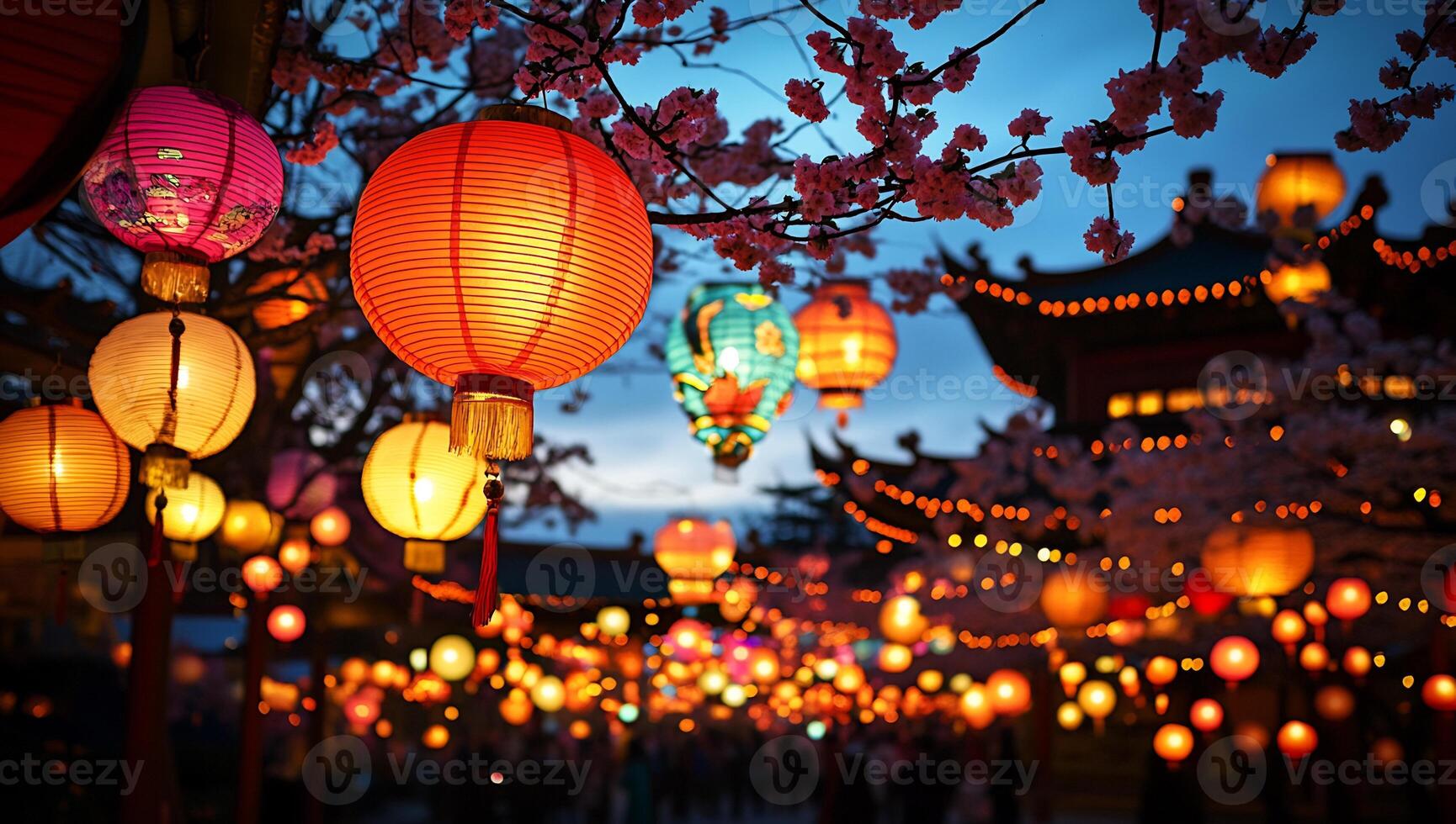 Chinese lanterns are lit up in the evening photo