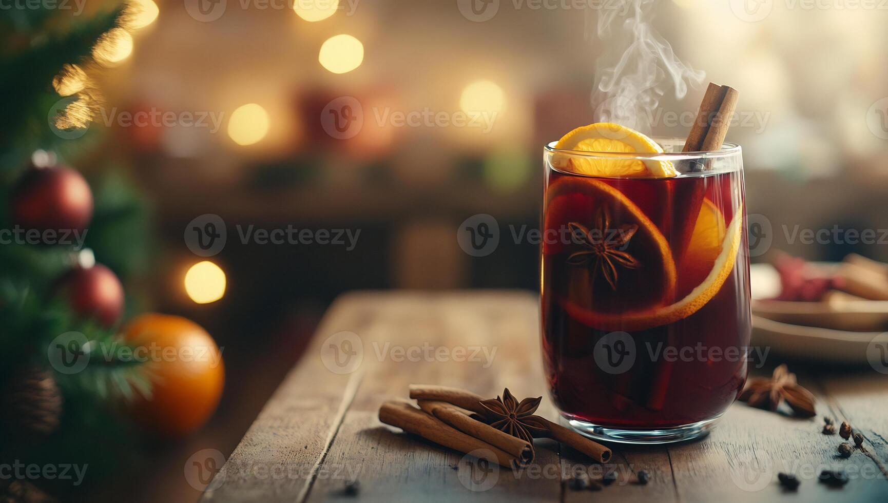 A glass of mulled wine with cinnamon sticks and oranges photo