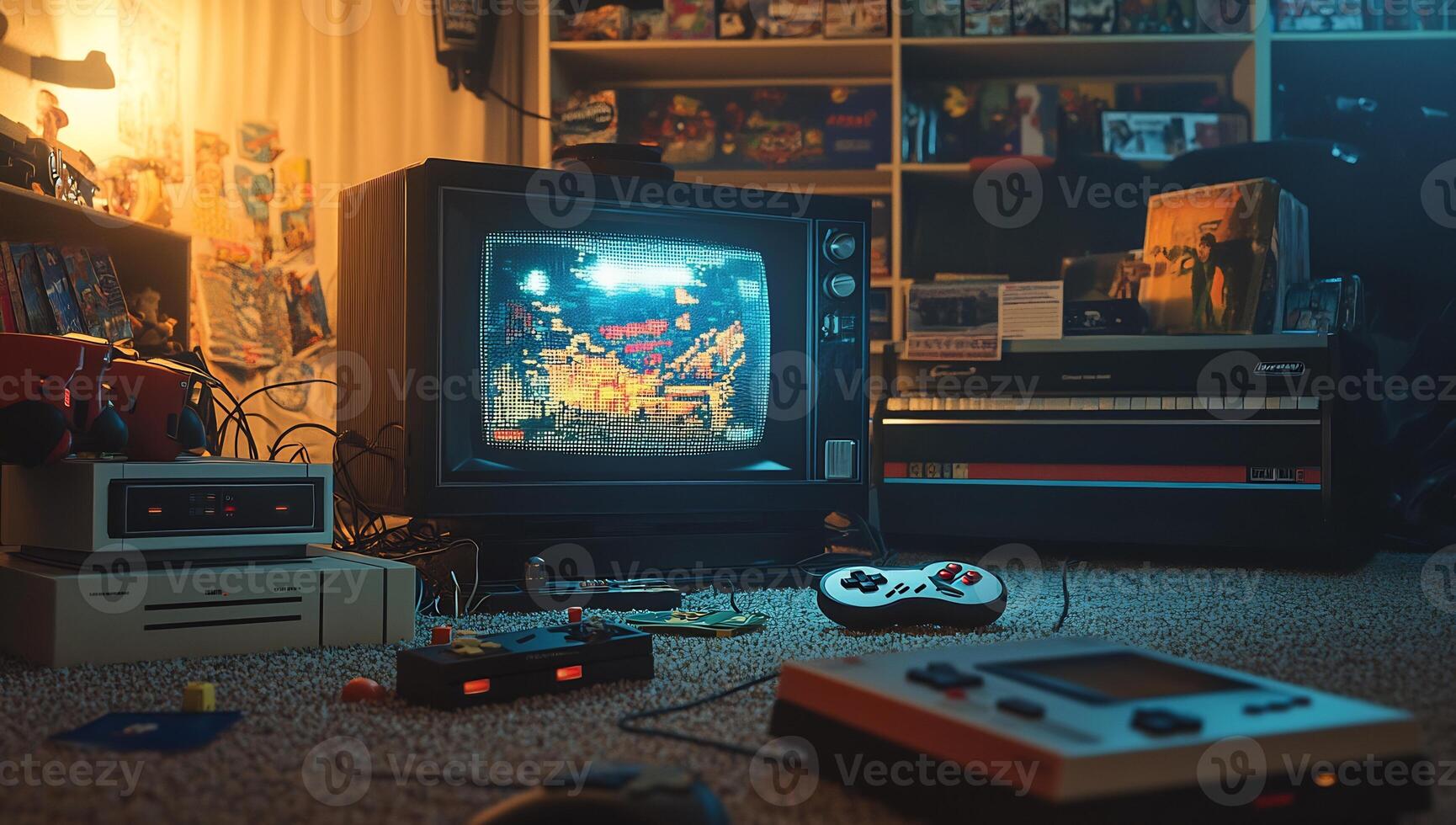 An old television sitting on the floor with a game controller photo