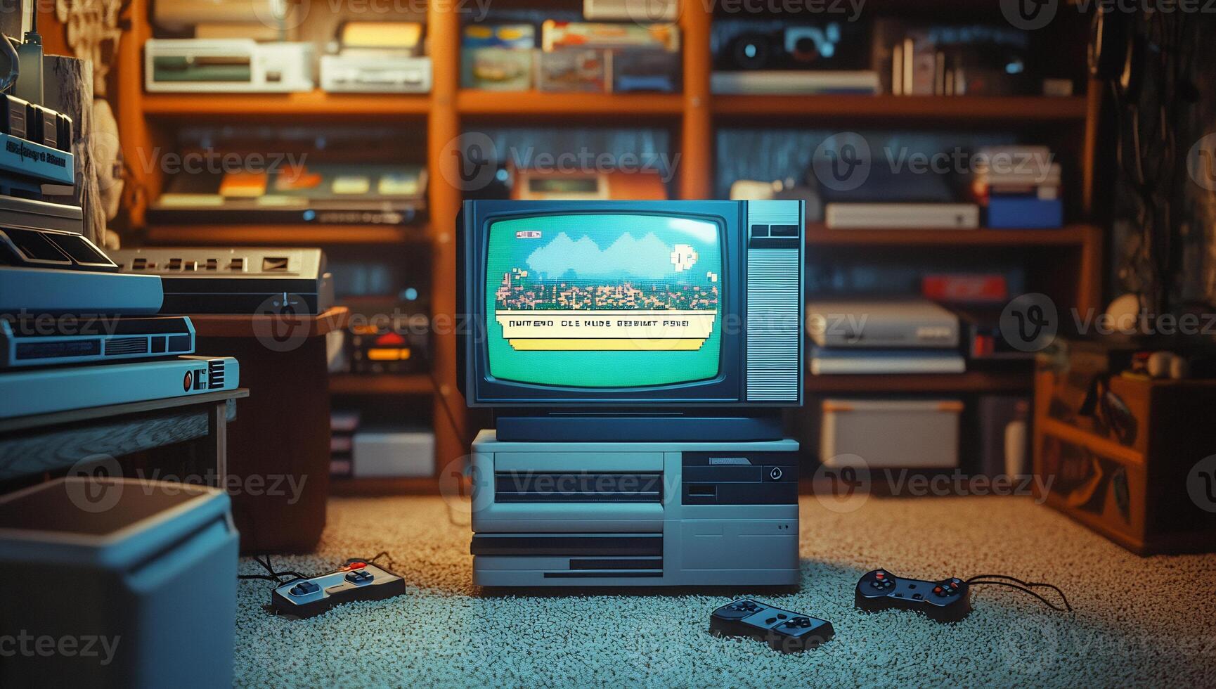 An old computer with a game controller and a television photo