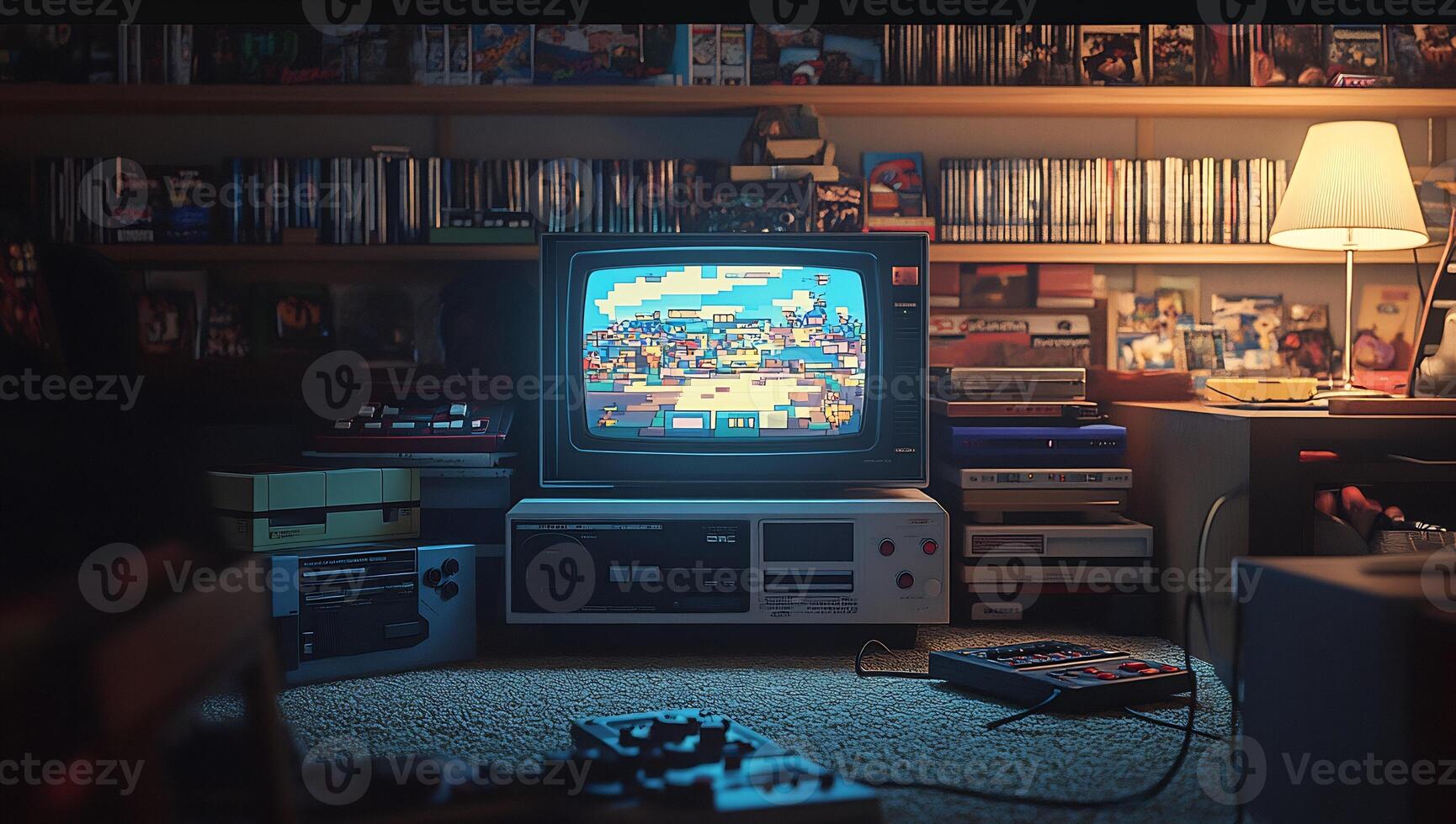 A room with a tv and a game console photo