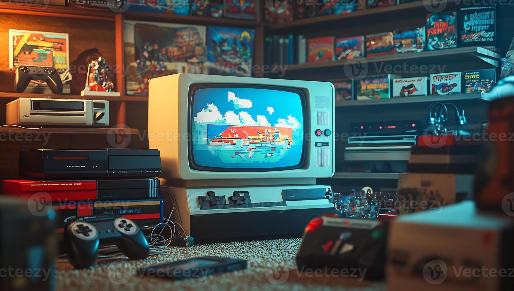 An old fashioned game console sits in a room photo