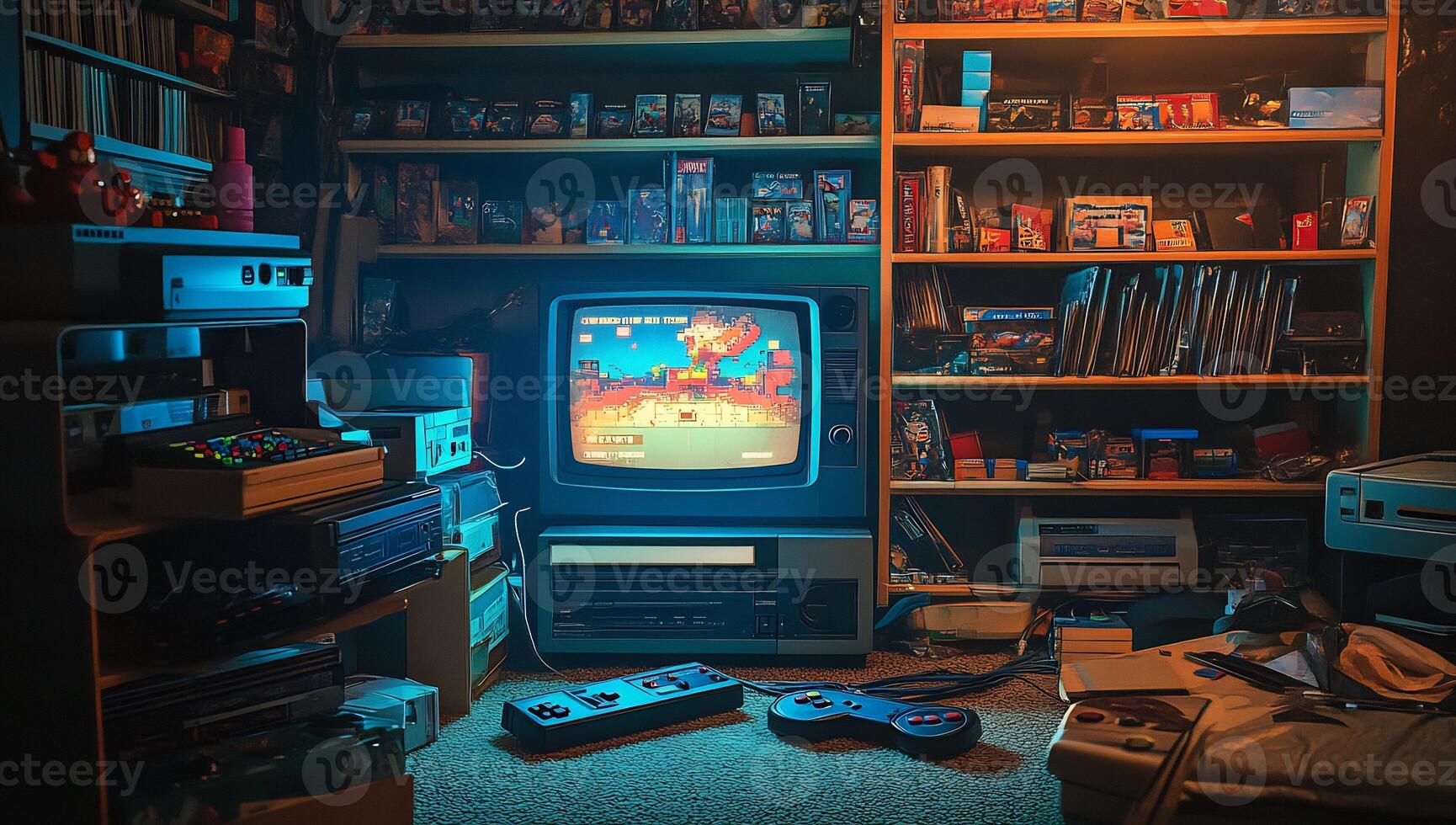 A room with a tv, a computer, and a game console photo