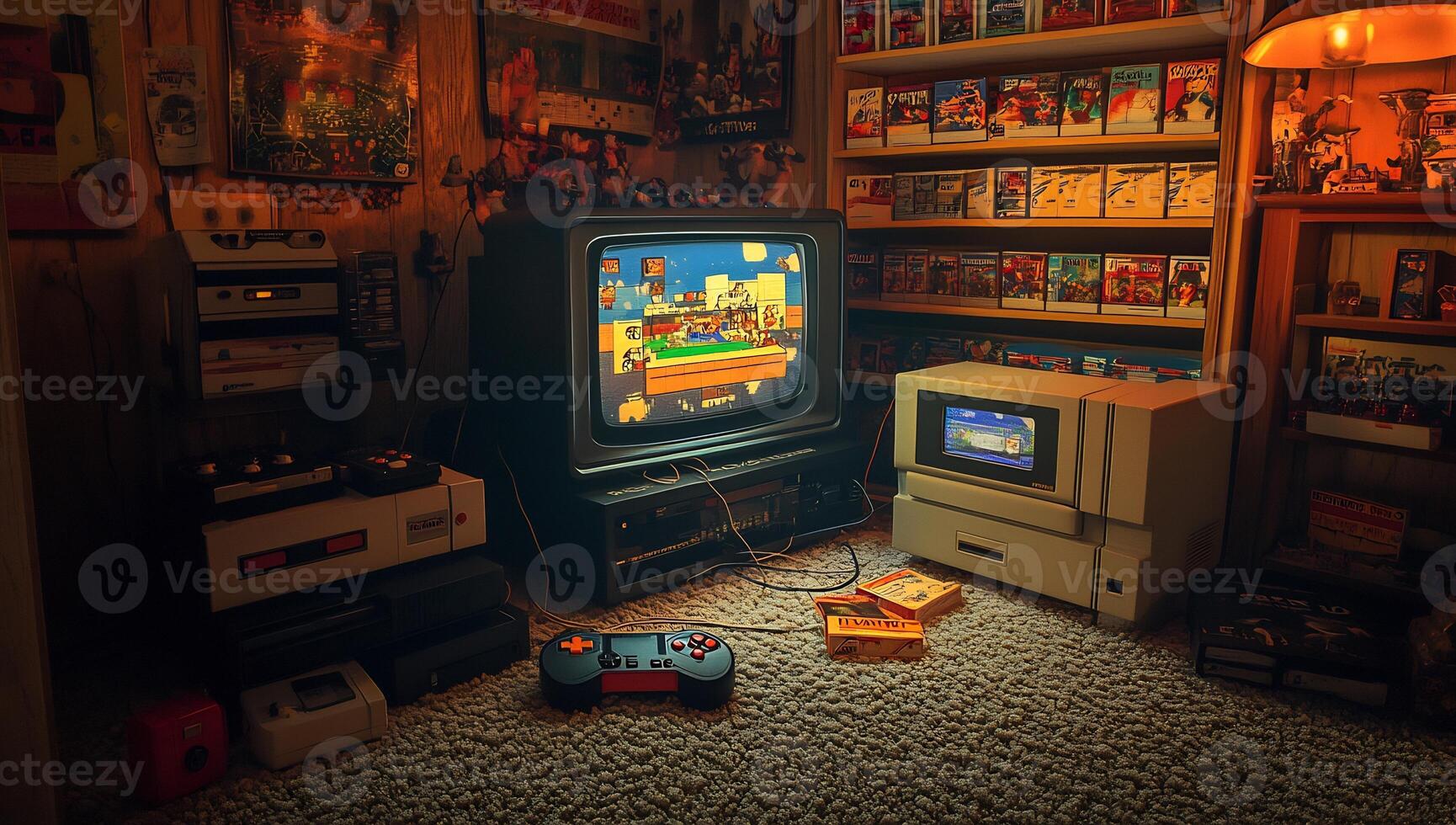 A room with a tv, a game controller, and a game photo