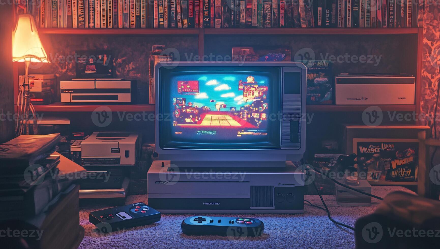 A game console sits in front of a bookshelf photo
