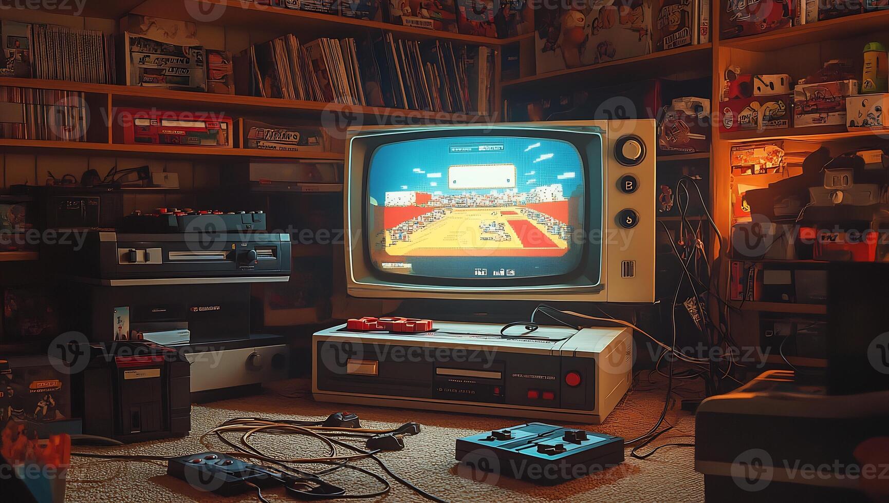 A room with a tv, a computer, and a game console photo