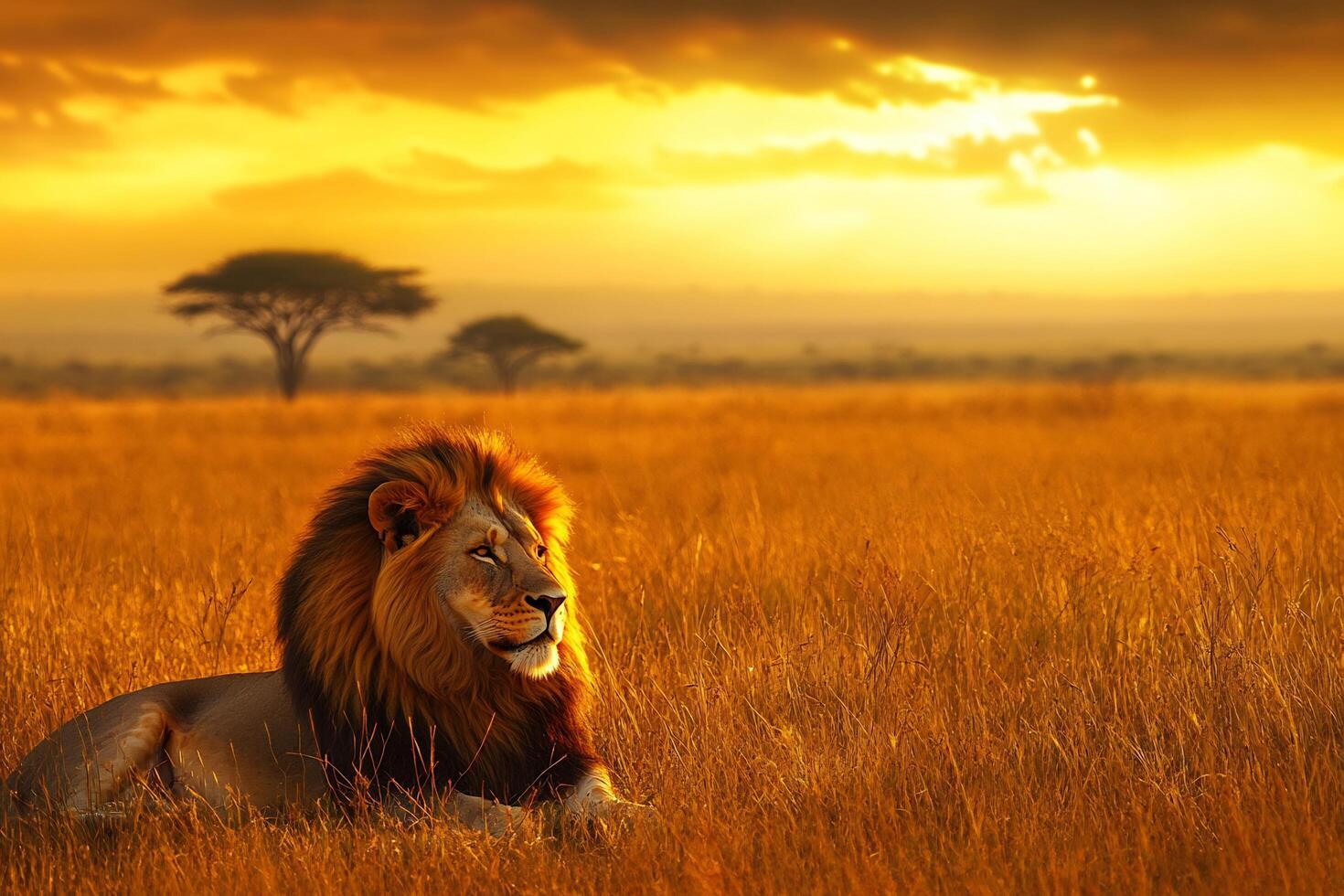 A lion is sitting in the middle of a field at sunset photo