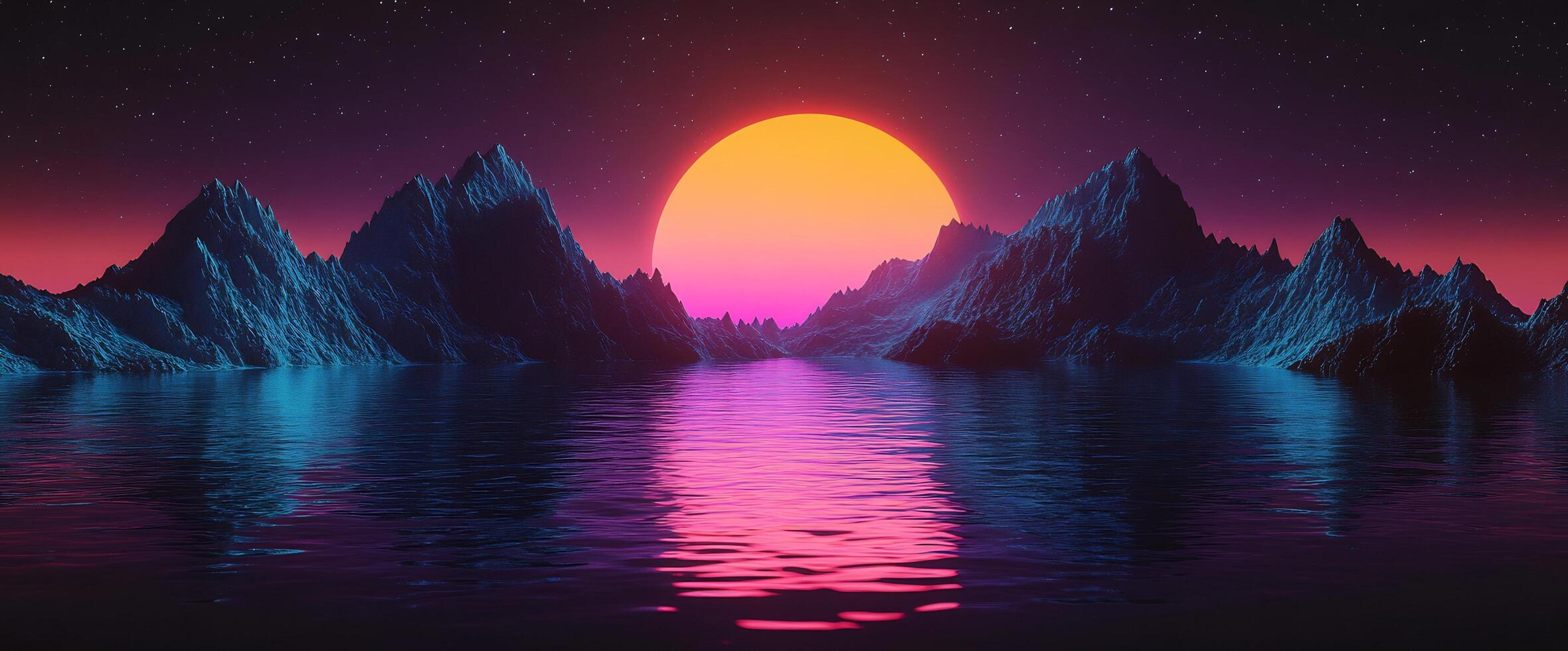A sunset over a mountain range with water and mountains photo