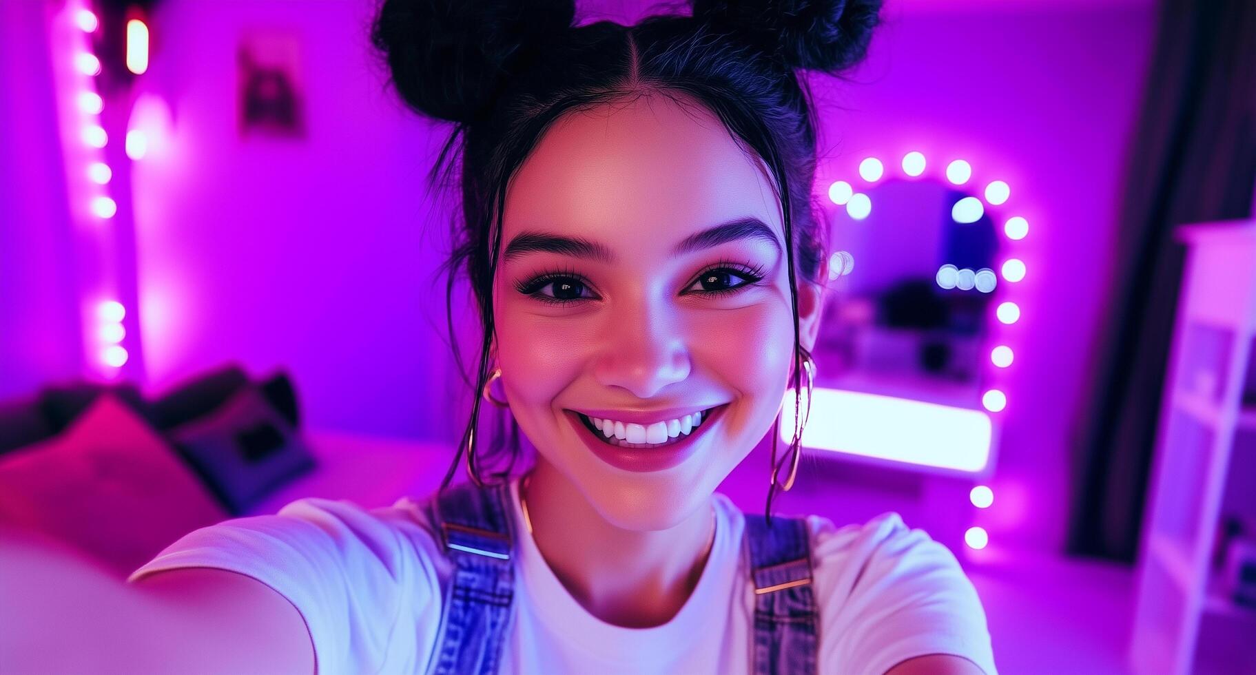A woman smiling in front of a purple light photo