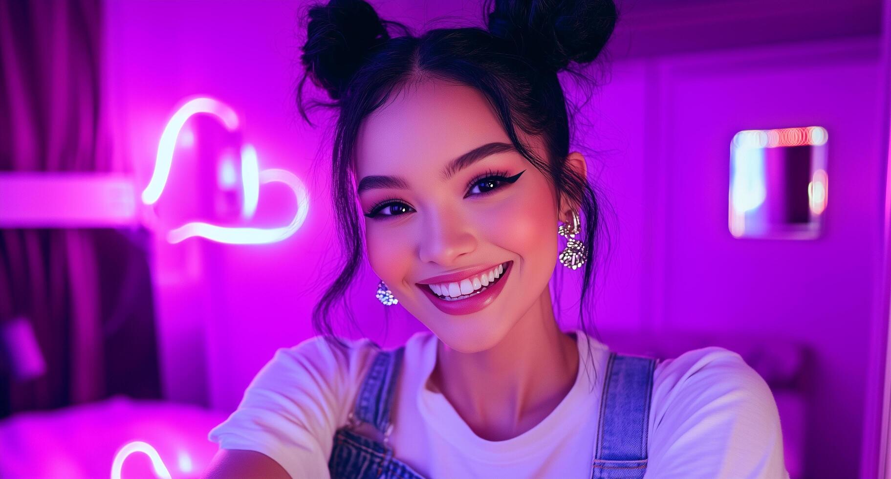 A woman smiling in front of a purple neon sign photo