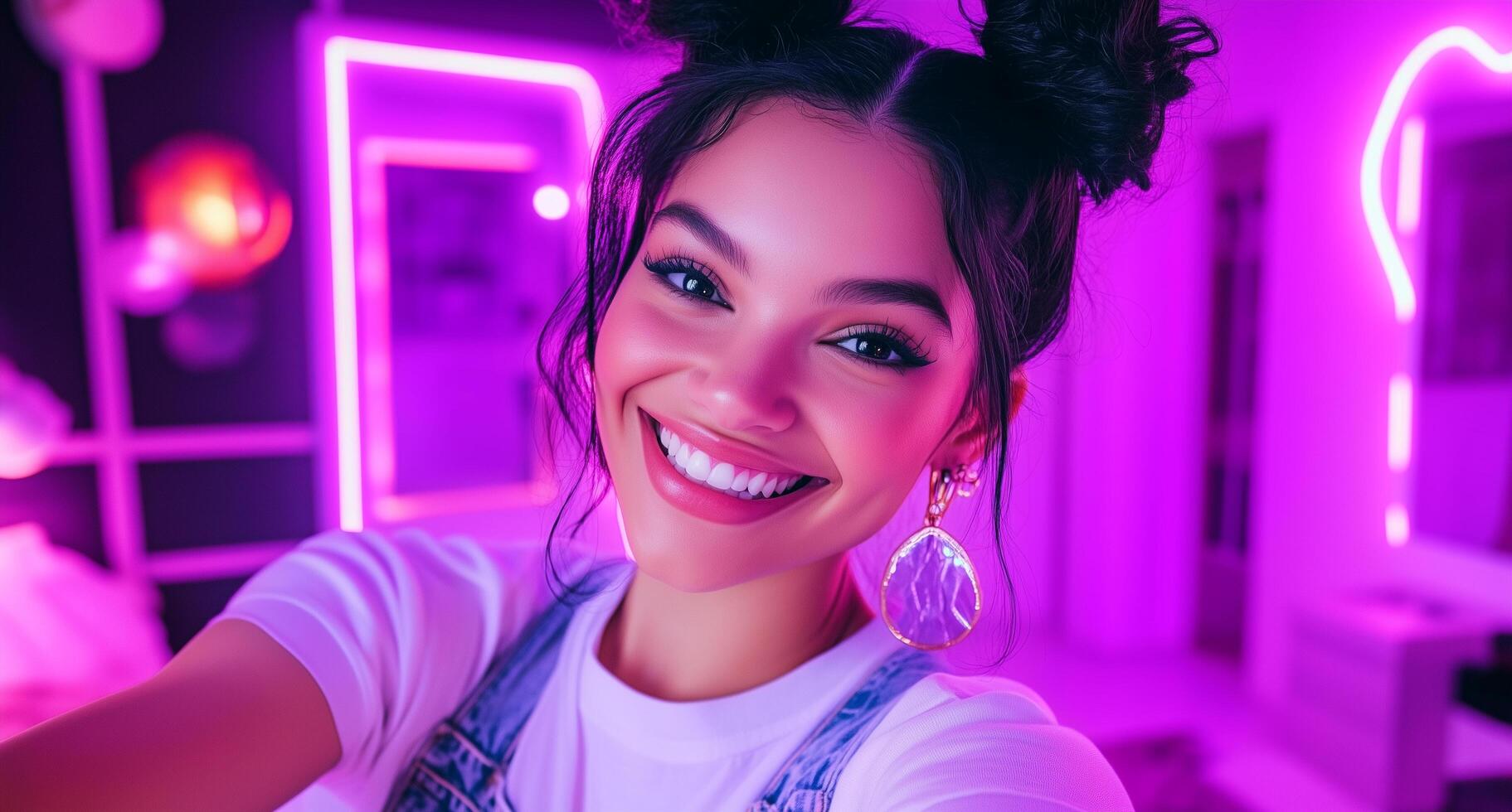 A woman smiling in front of a purple neon light photo