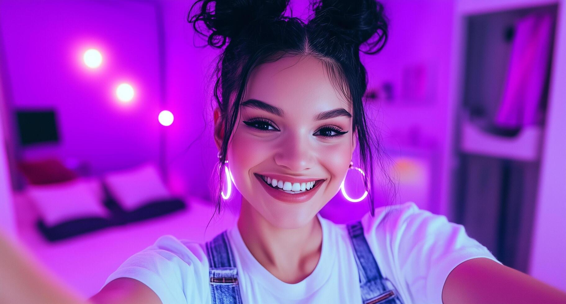 A woman smiling in a purple room photo