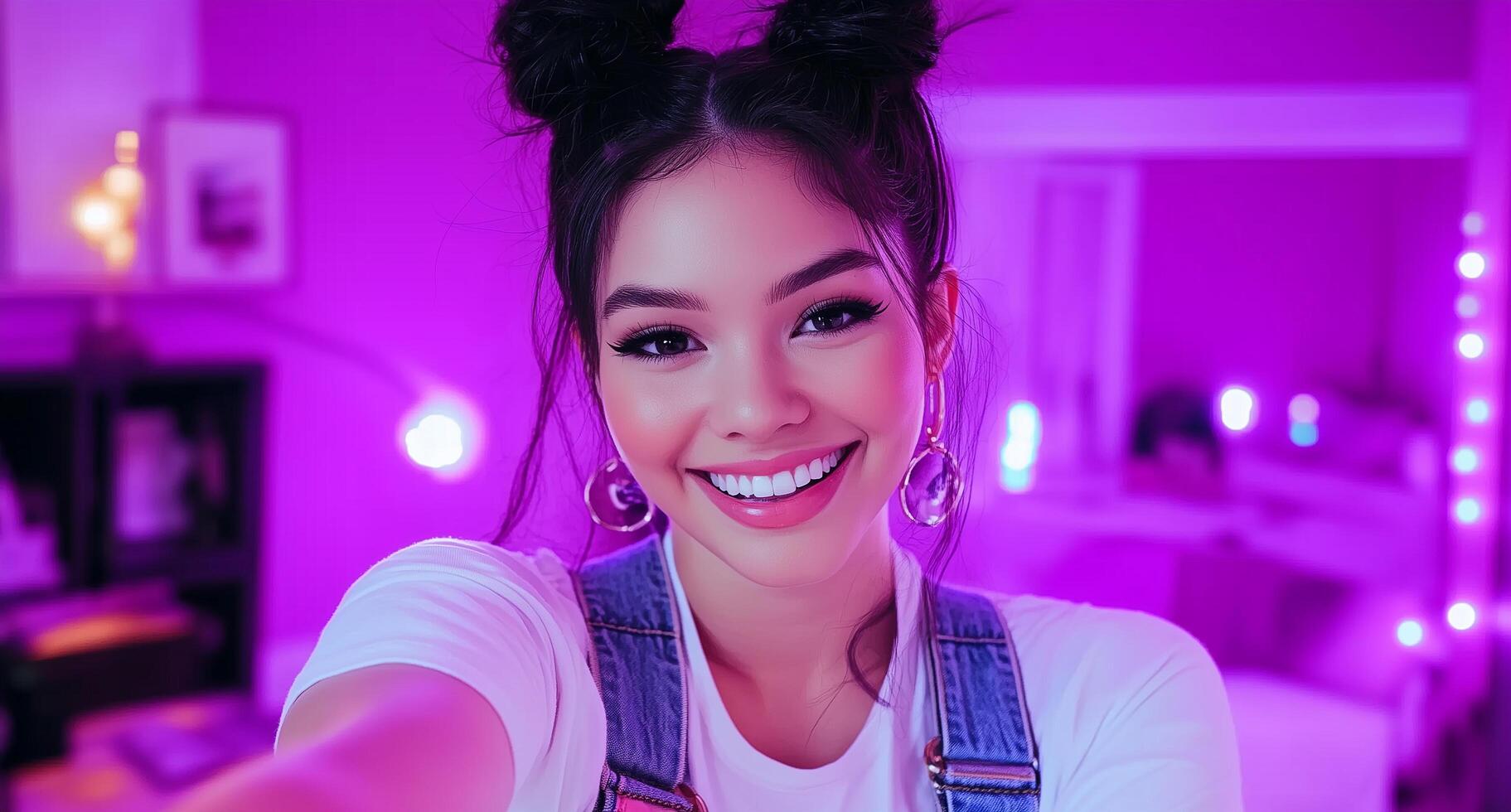 A woman smiling in front of a purple light photo