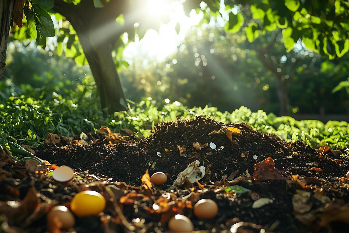 A pile of dirt with eggs and apples in the foreground photo