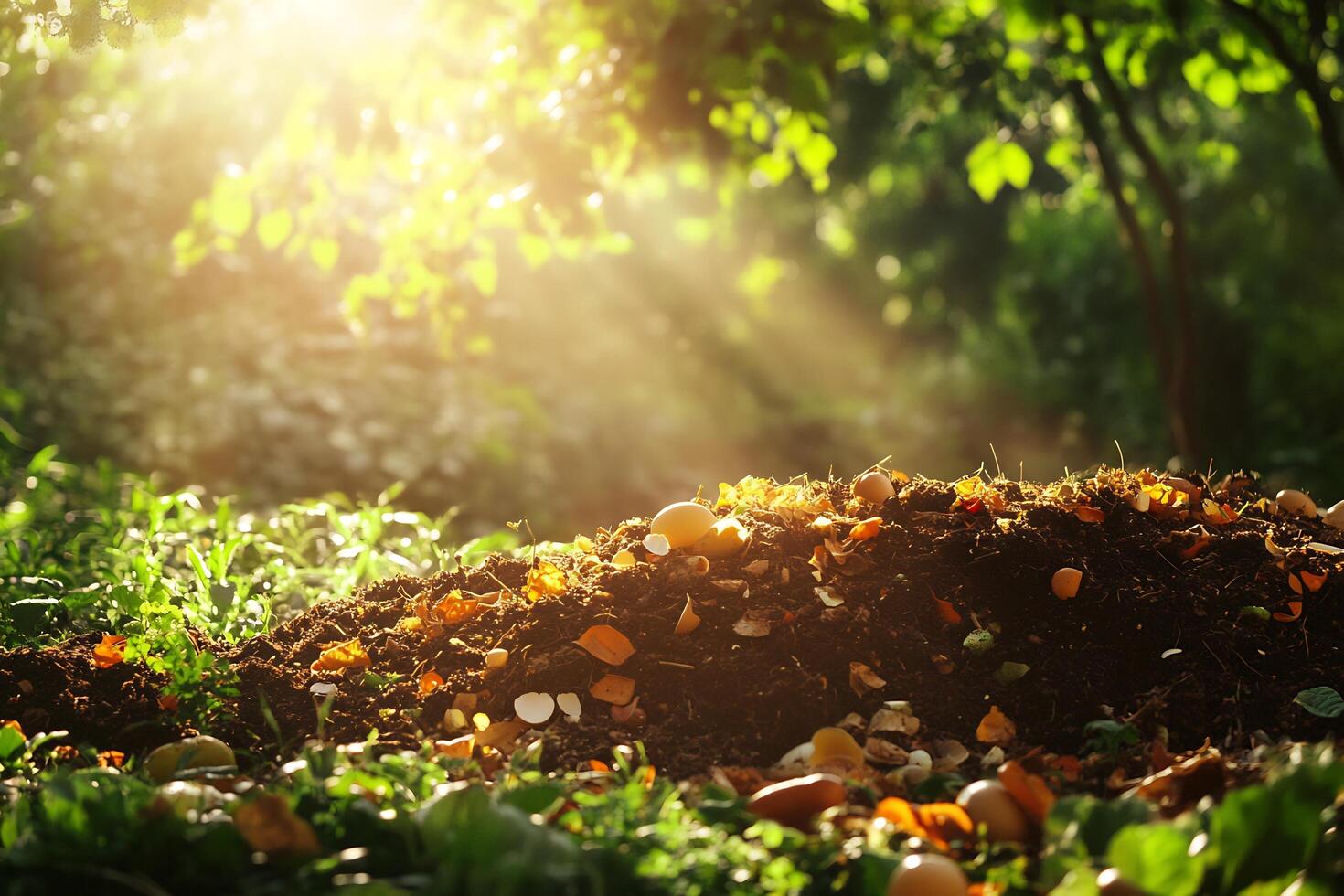A pile of compost in the sun with trees and grass photo