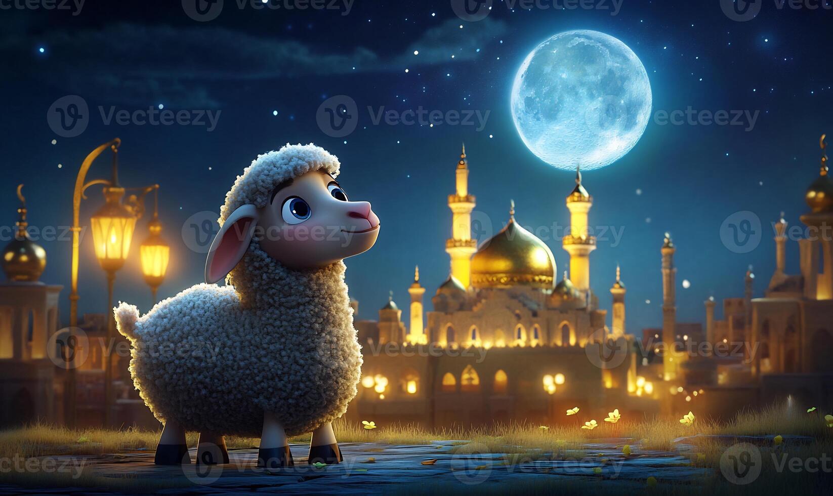 A sheep stands in front of a mosque at night photo