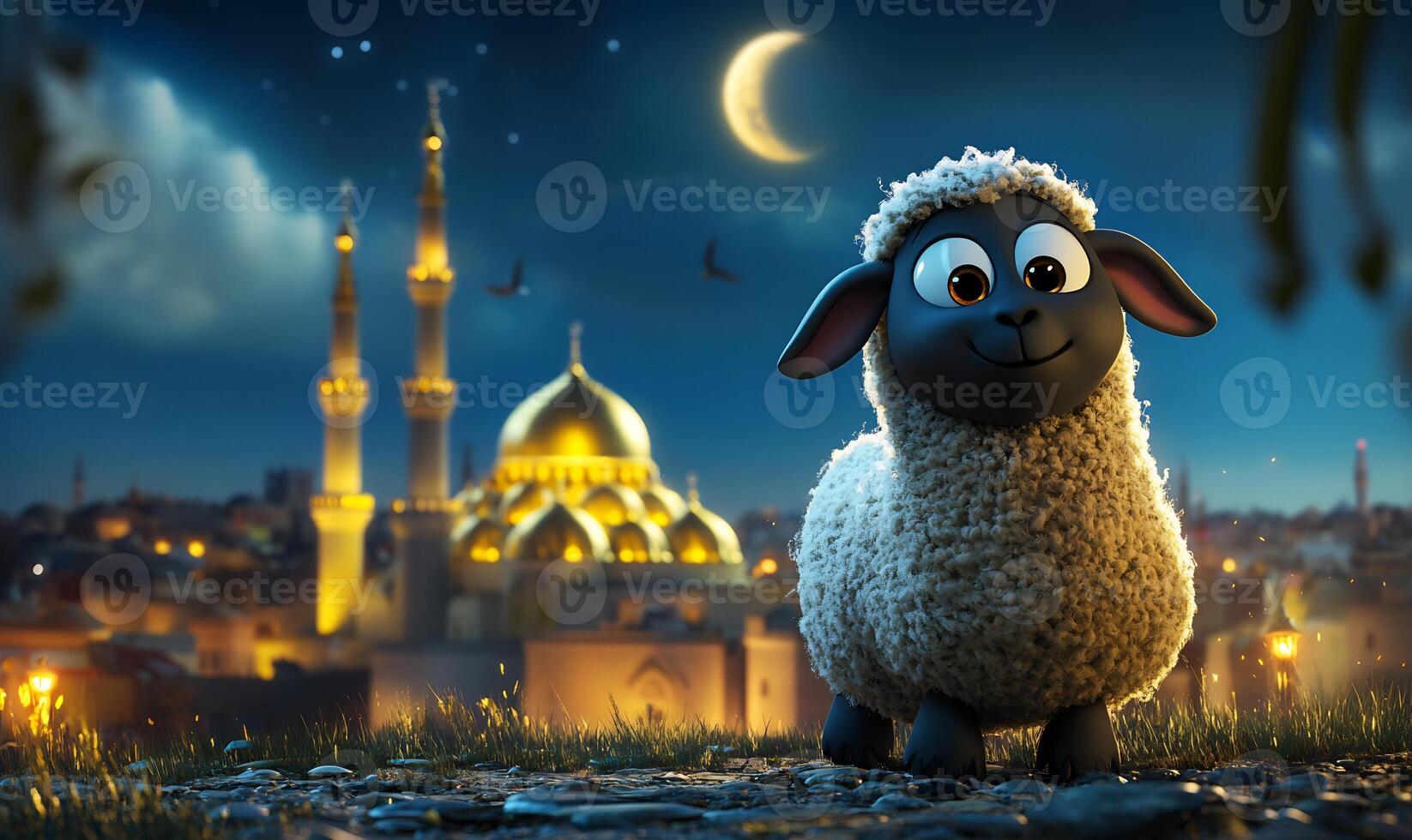 A sheep is standing in front of a mosque at night photo