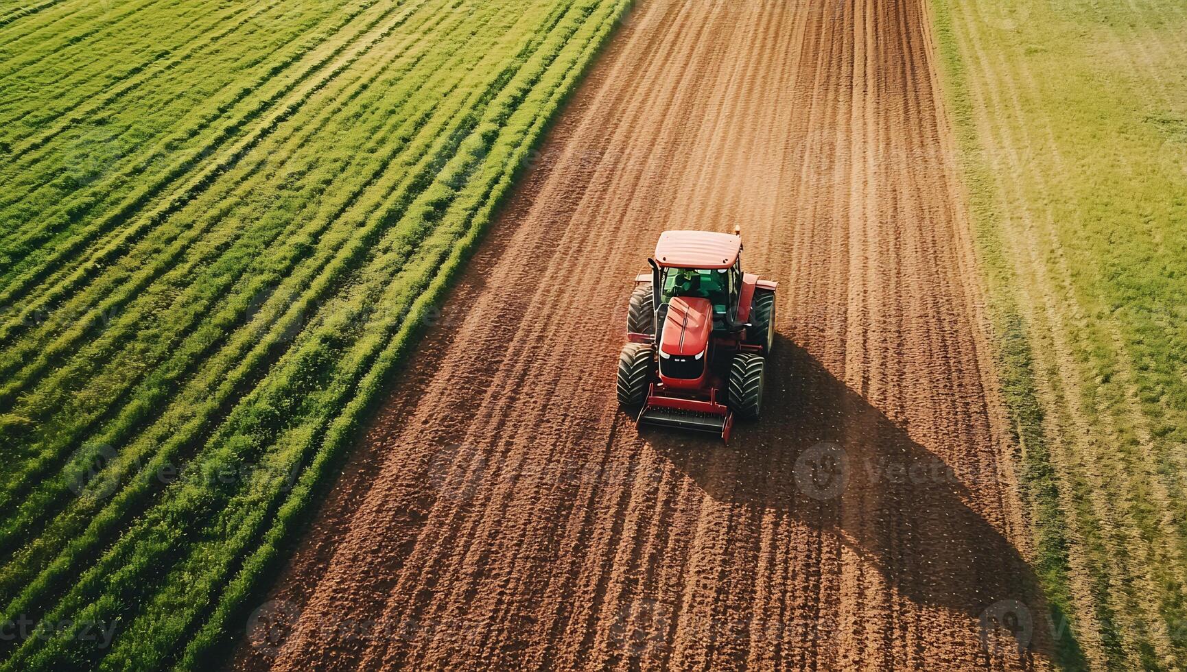 Aerial view of tractor plowing field photo