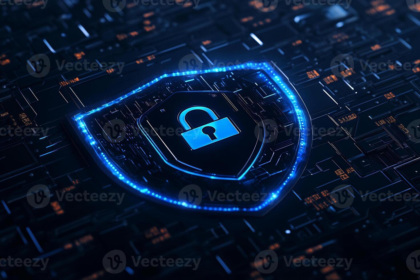 Cyber security concept with blue shield and lock on a circuit board photo