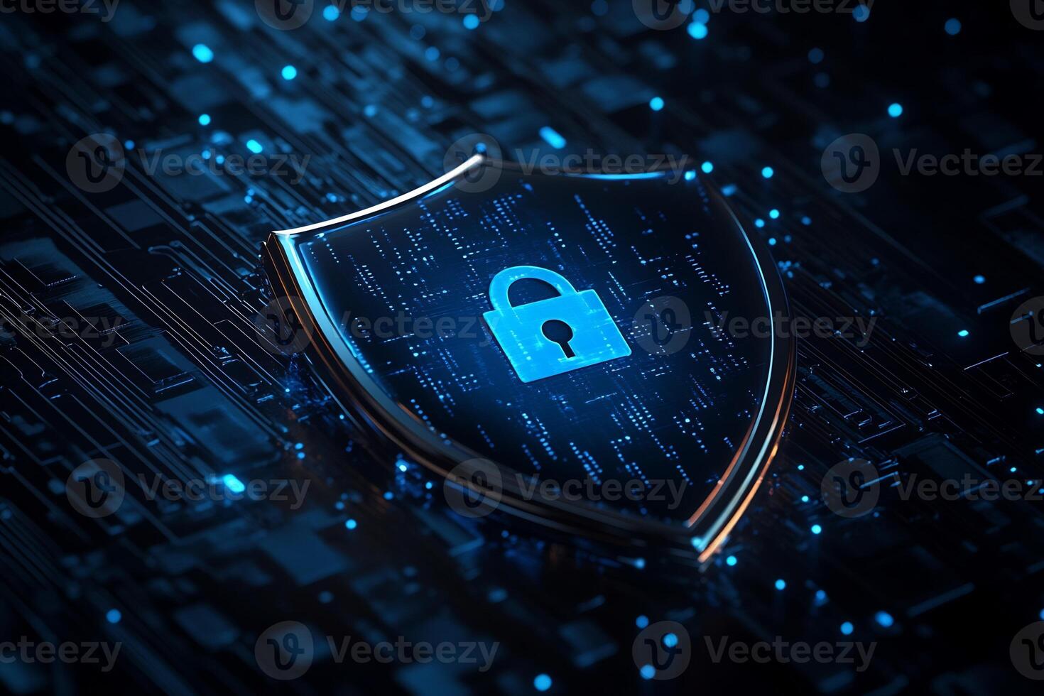 Security shield with padlock on a digital background photo