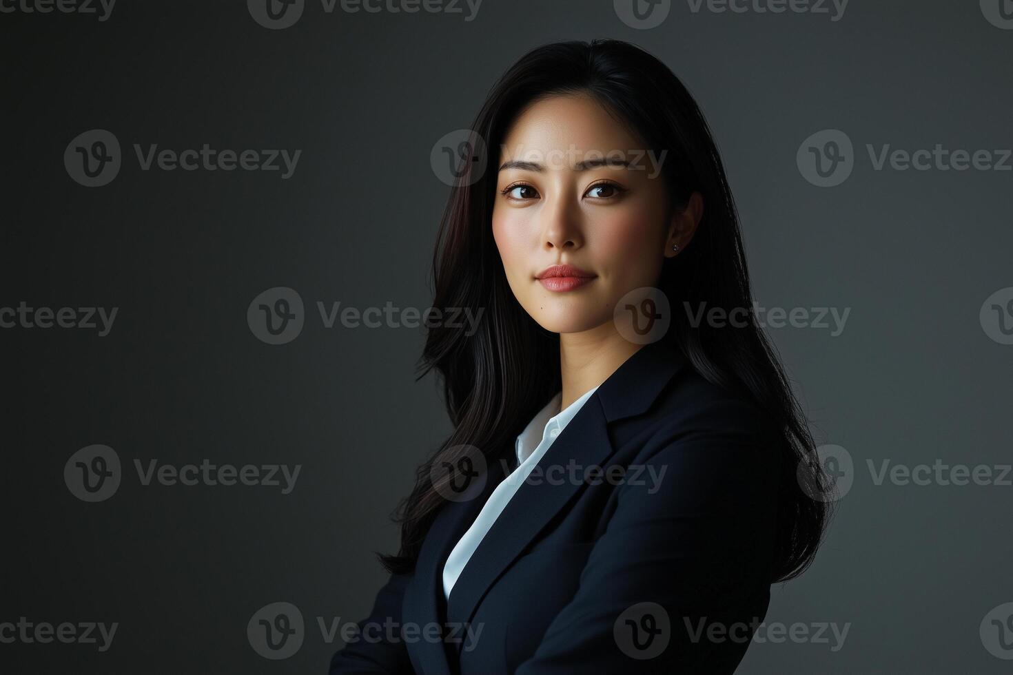 Asian business woman in black suit standing with arms crossed photo