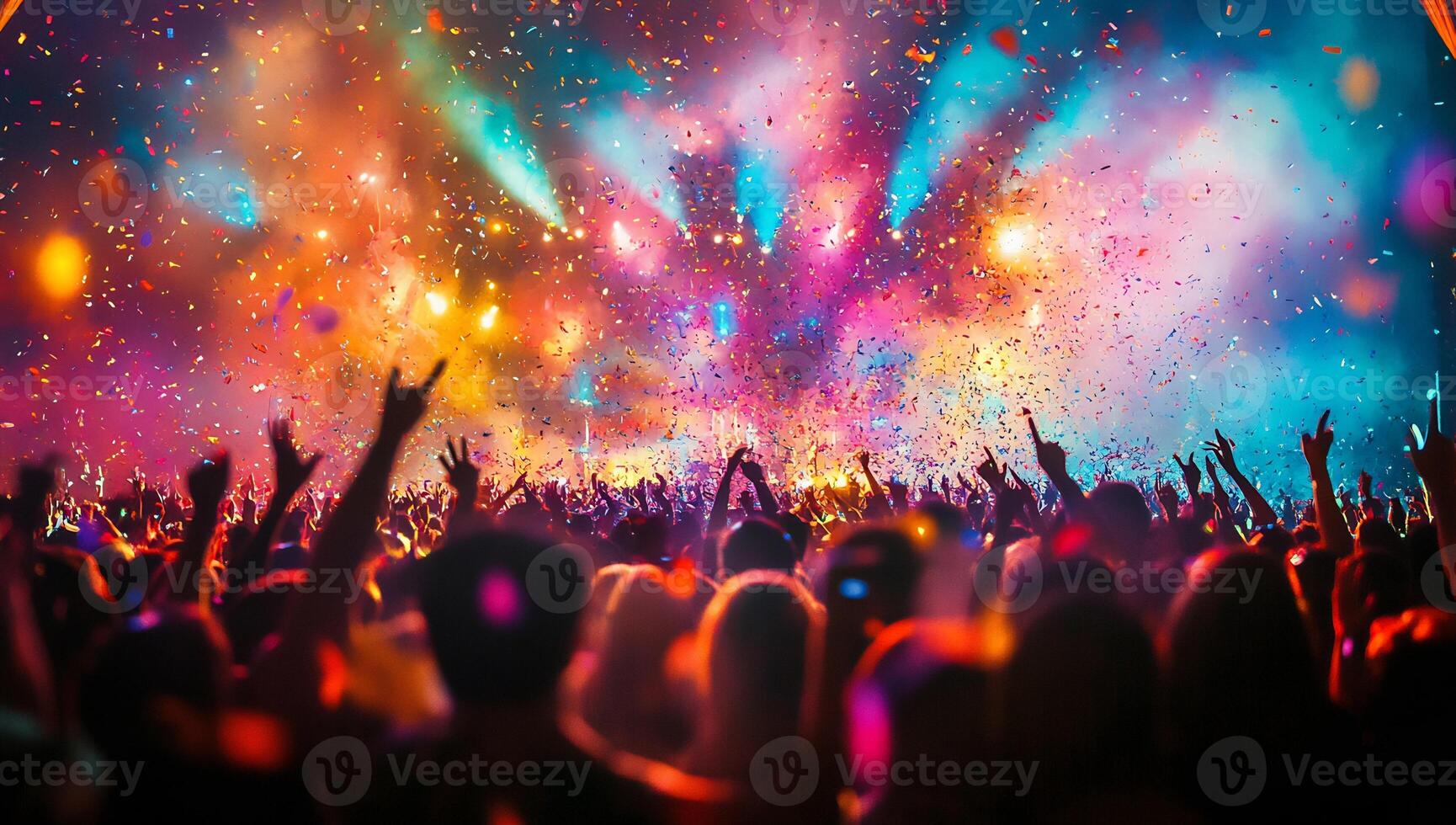 A crowd at a concert with colorful confetti photo