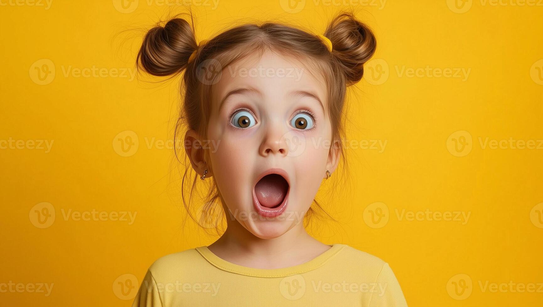 A little girl with her mouth open on a yellow background photo