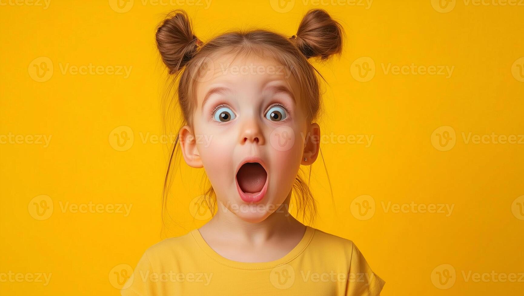 A little girl with her mouth open on a yellow background photo