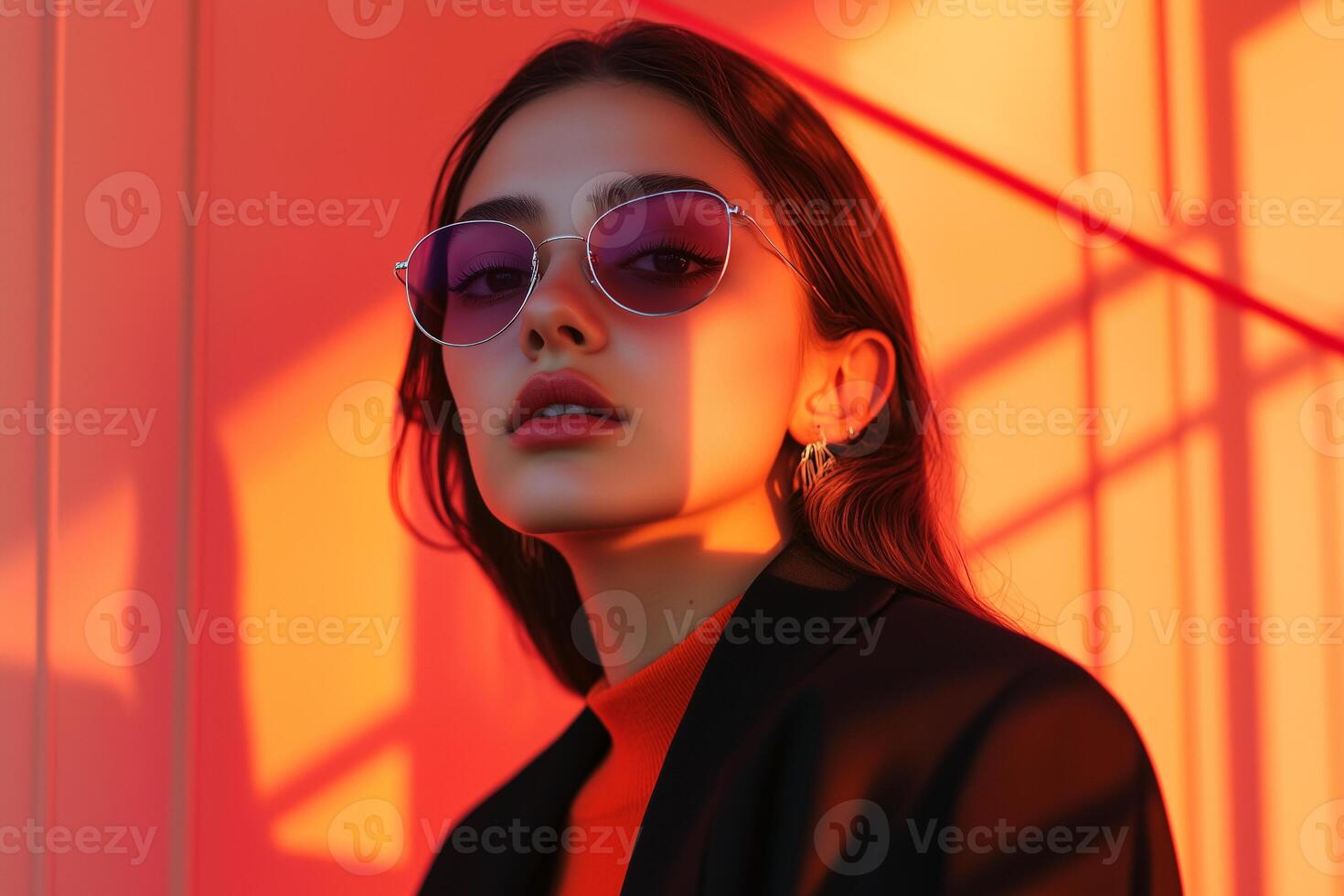 A woman wearing sunglasses and an orange top photo