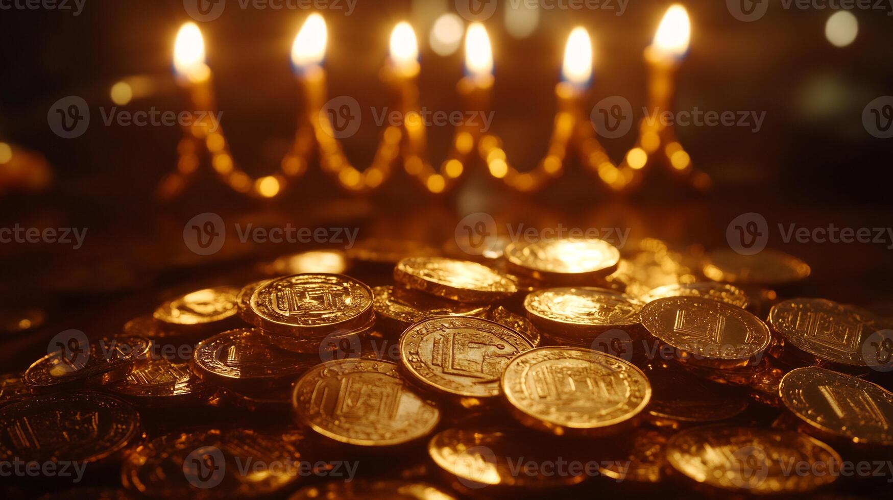 Gold coins and candles in front of a hanukah candle photo