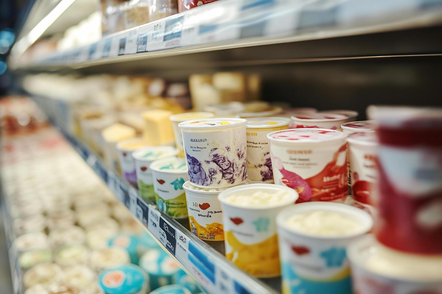 A shelf full of yogurt and other dairy products photo