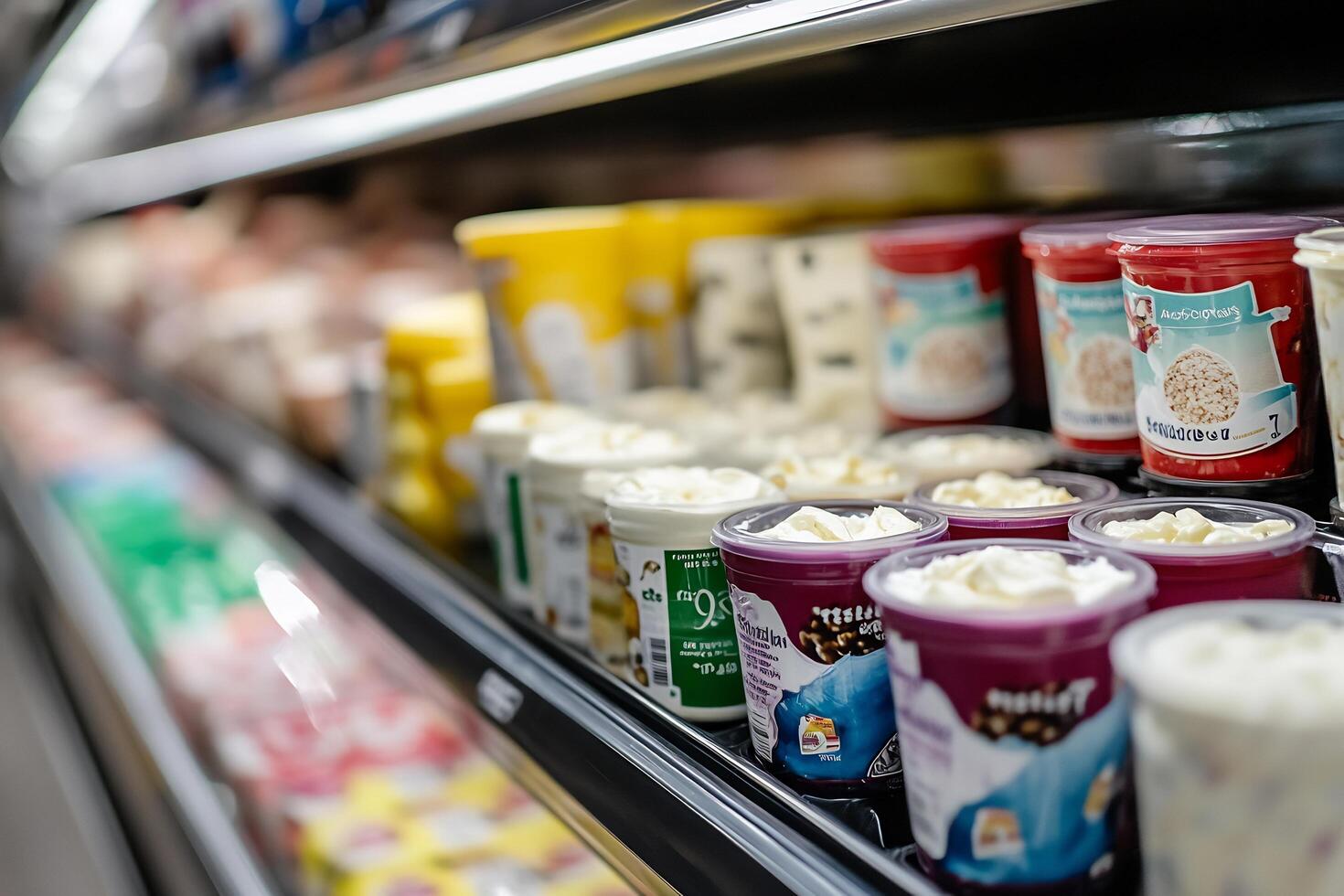 A variety of yogurt and other dairy products are on display photo