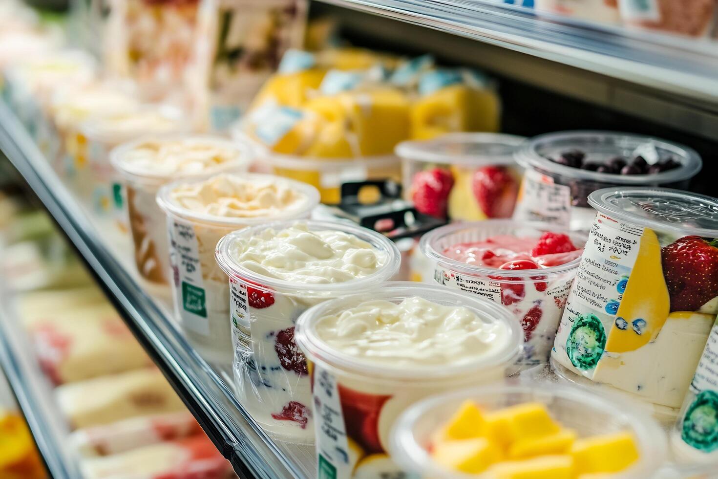 A variety of yogurt and other dairy products are on display photo