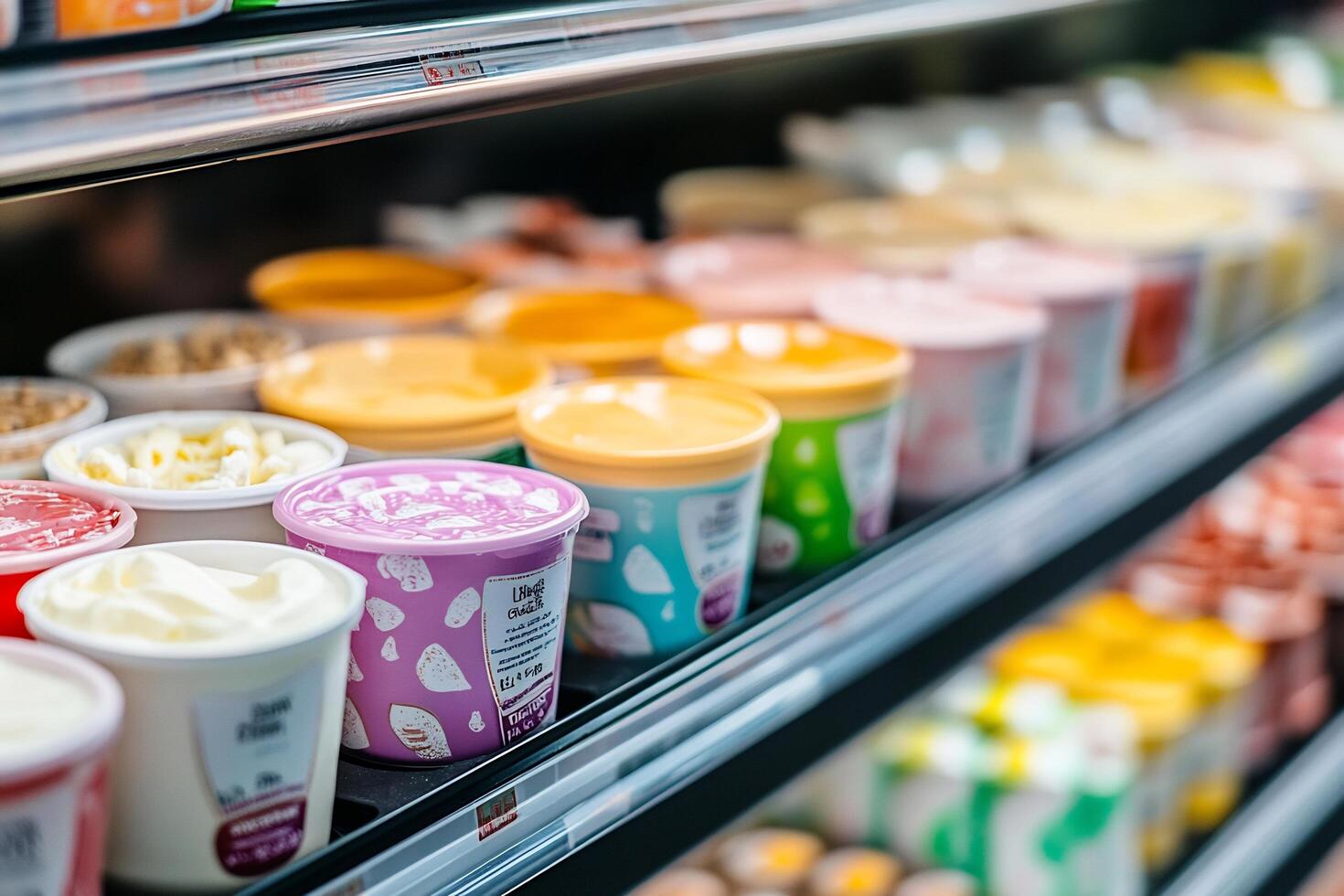 A shelf full of yogurt and other dairy products photo
