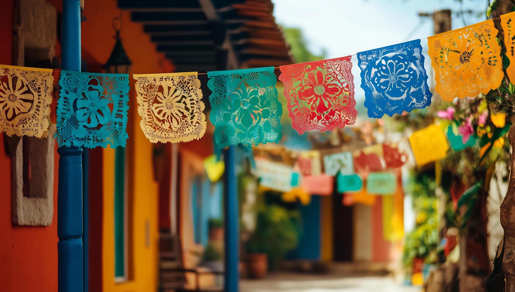 Colorful paper flags hanging from a building in a mexican village photo